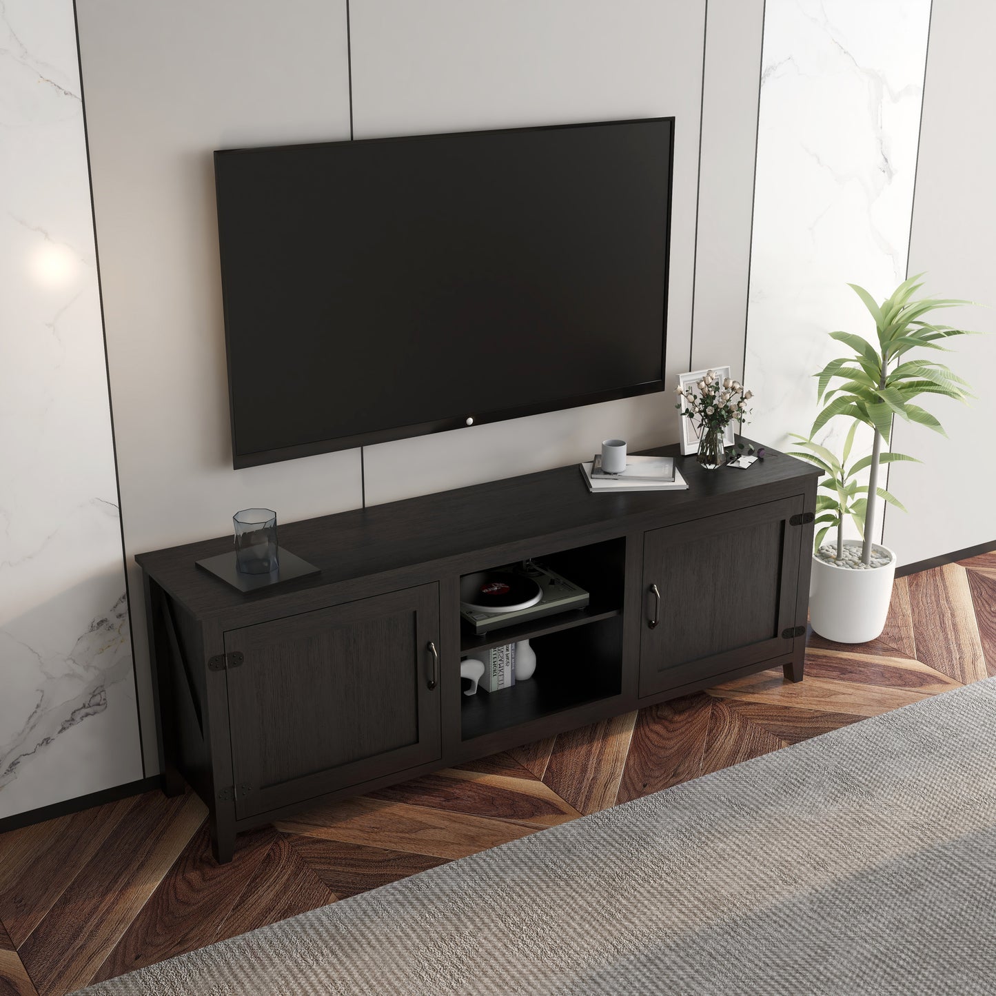 Traditional Black TV Stand with Spacious Storage and Durable Design