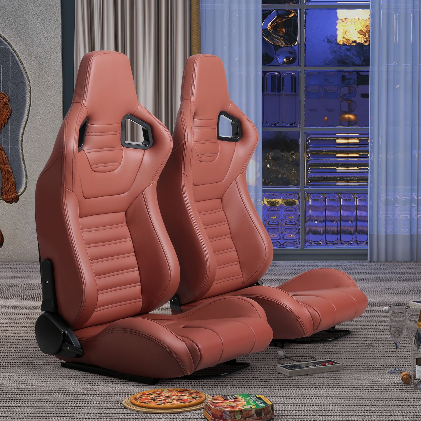 2-Piece Ergonomic Racing Seats with Adjustable Double Slides in Vibrant Brick Red