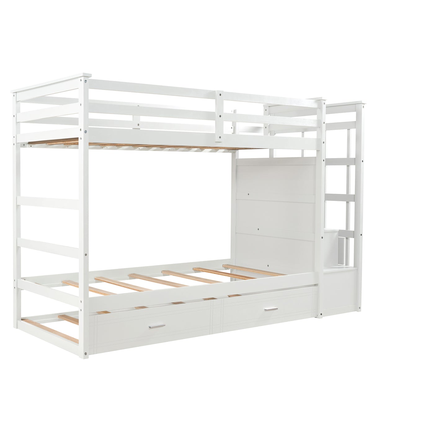 White Solid Wood Twin Bunk Bed with Trundle and Staircase