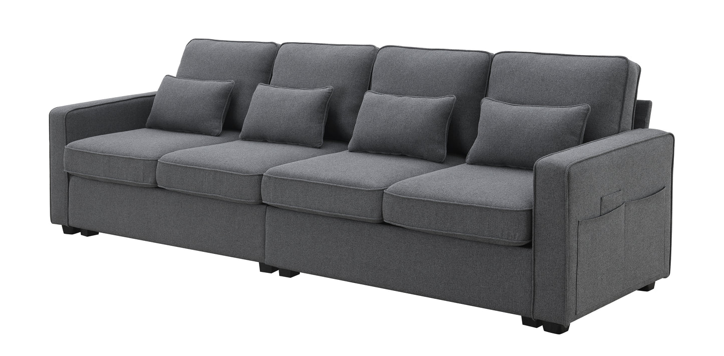 Contemporary 104 4-Seater Linen Fabric Sofa with Armrest Pockets and 4 Pillows, Ideal for Living Room, Apartment, Office, Available in 3 Colors