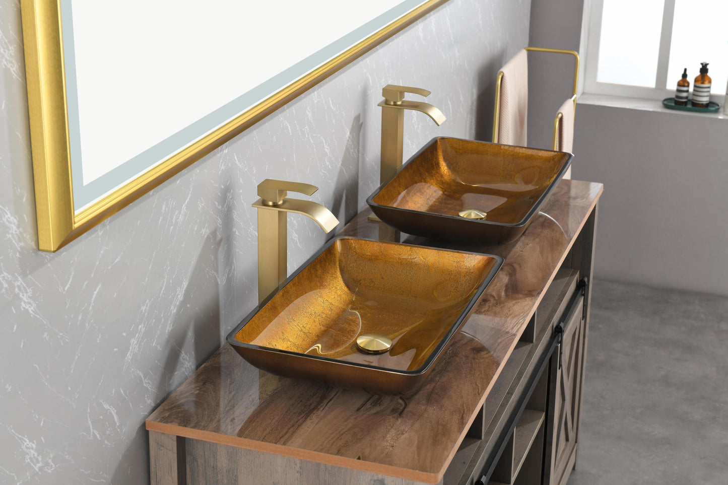 Gold Glass Rectangular Vessel Bathroom Sink Set with Faucet and Pop-Up Drain