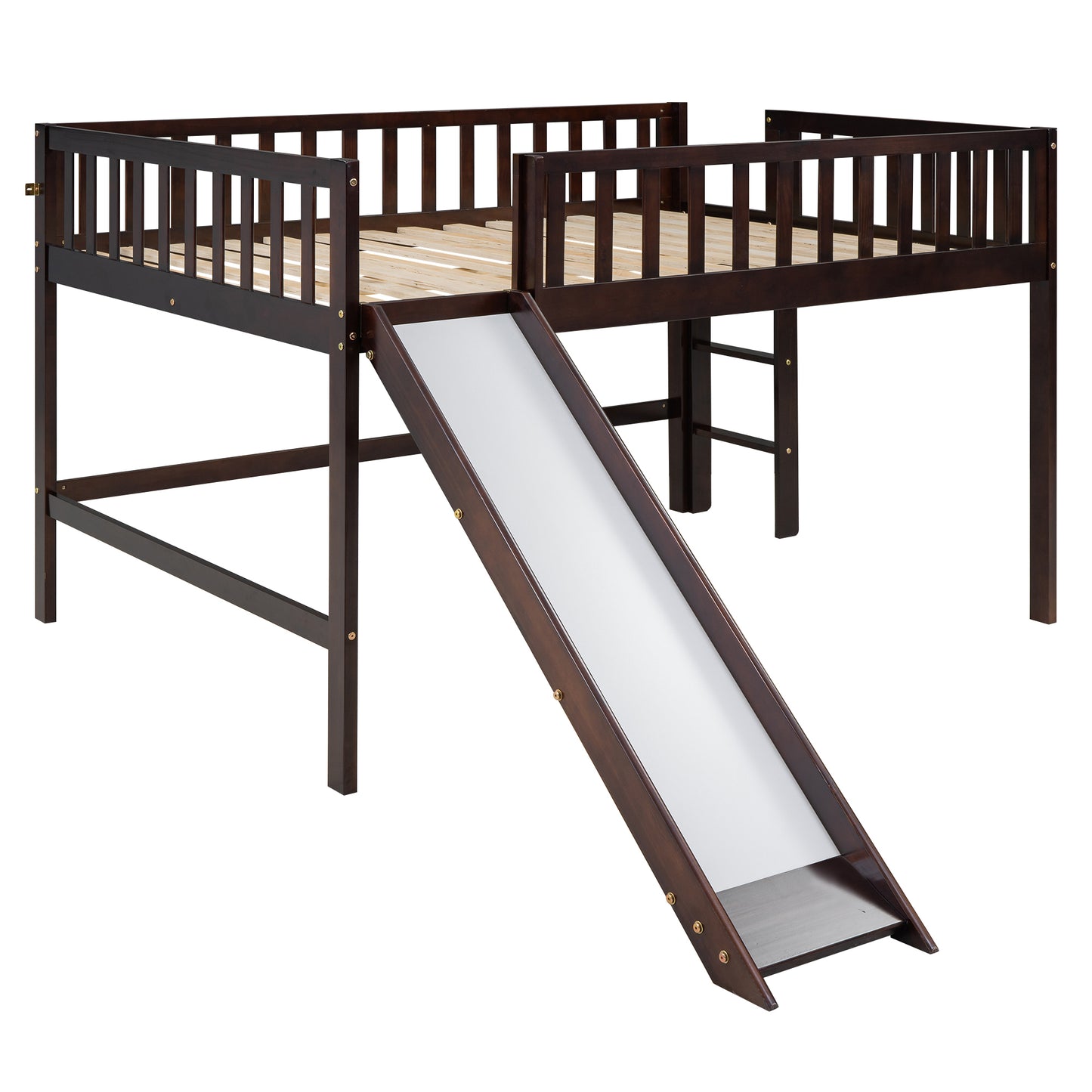 Full Size Low Loft Bed with Ladder and Slide,Espresso