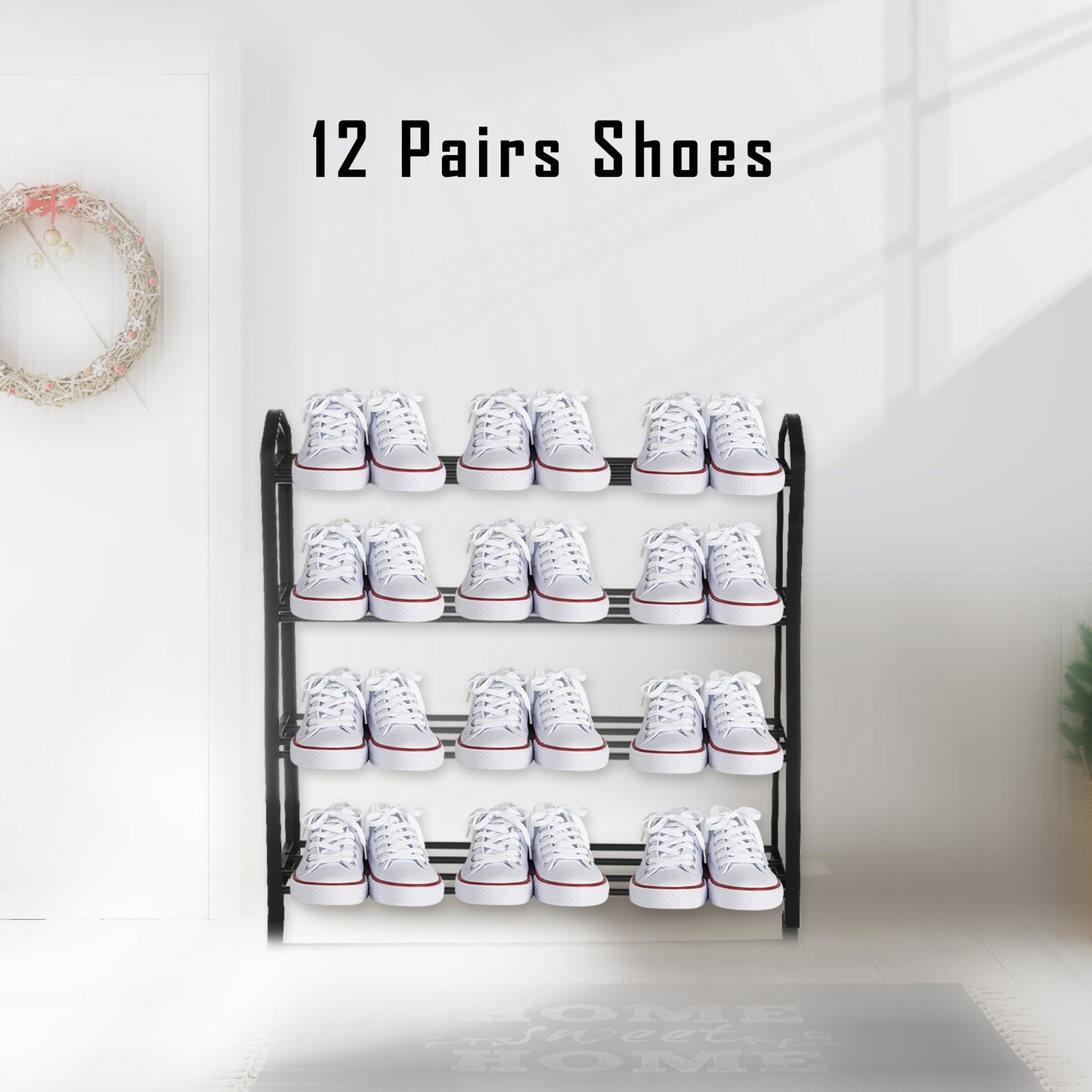 4-Tier Stackable Shoe Rack, 12-Pairs Sturdy Shoe Shelf Storage , Black Shoe Tower for Bedroom, Entryway, Hallway, and Closet