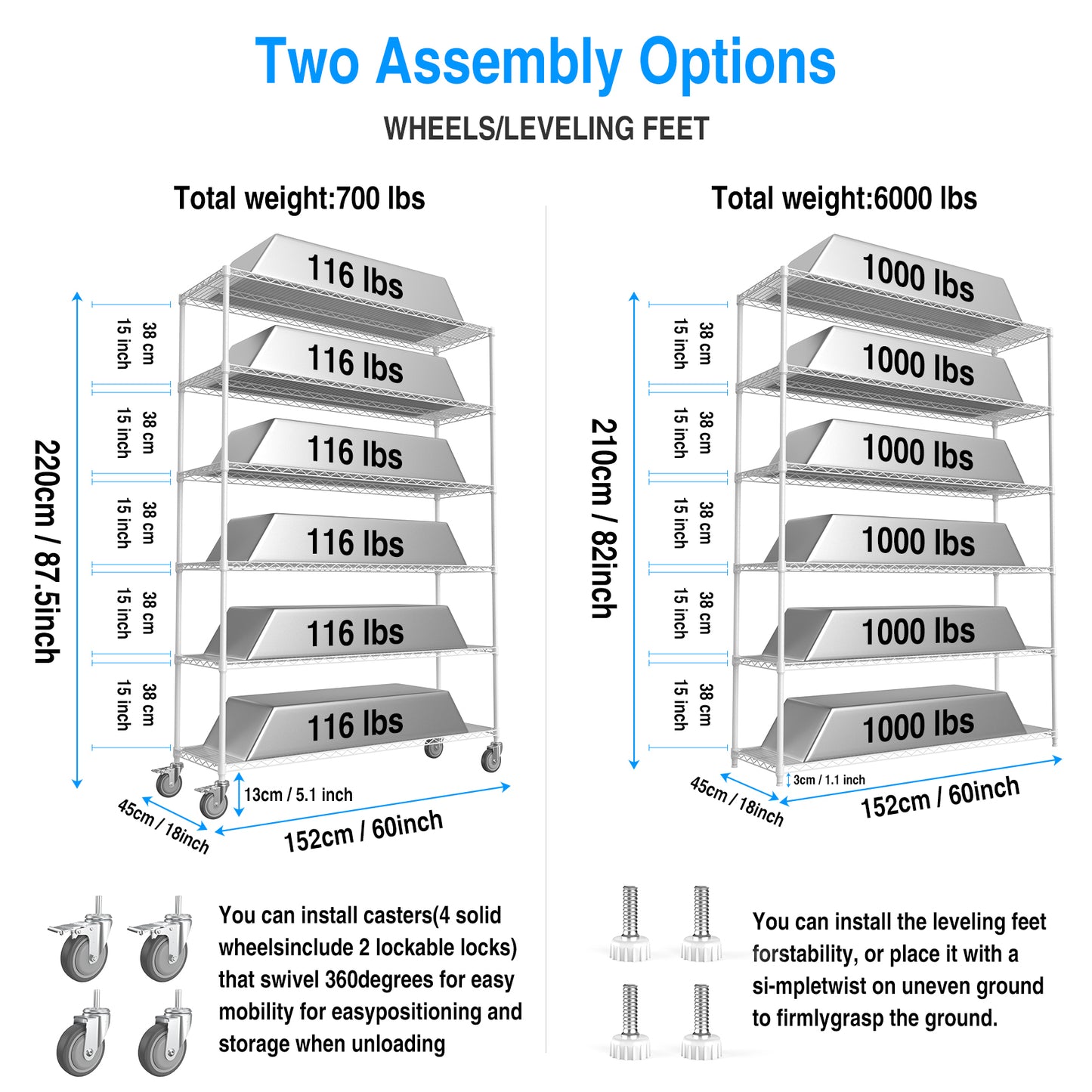 6 Tier Wire Shelving Unit, 6000 LBS NSF Height Adjustable Metal Garage Storage Shelves with Wheels, Heavy Duty Storage Wire Rack Metal Shelves - White - 186082