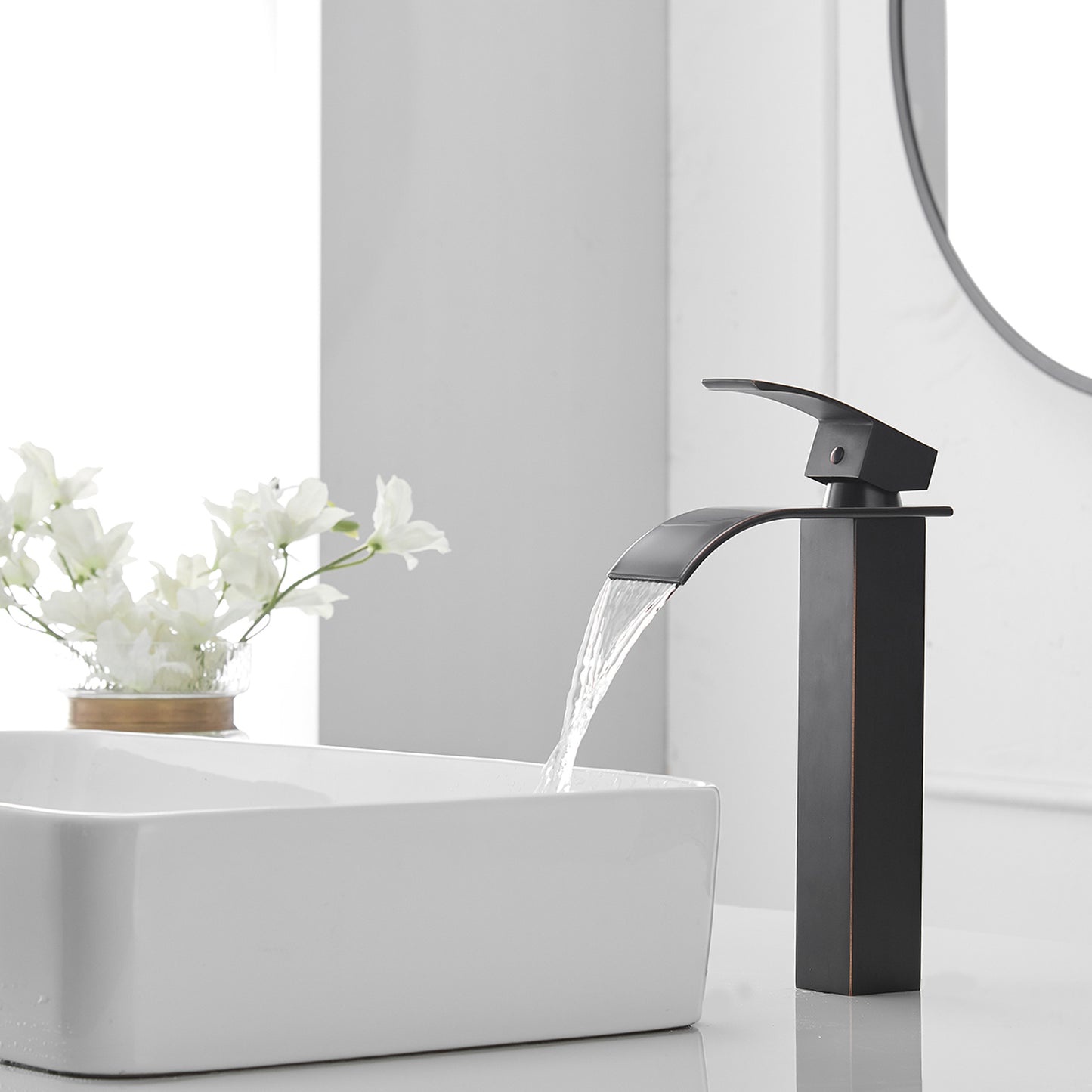 Oil Rubbed Bronze Waterfall Vessel Sink Faucet with Single Handle and Pop-up Drain