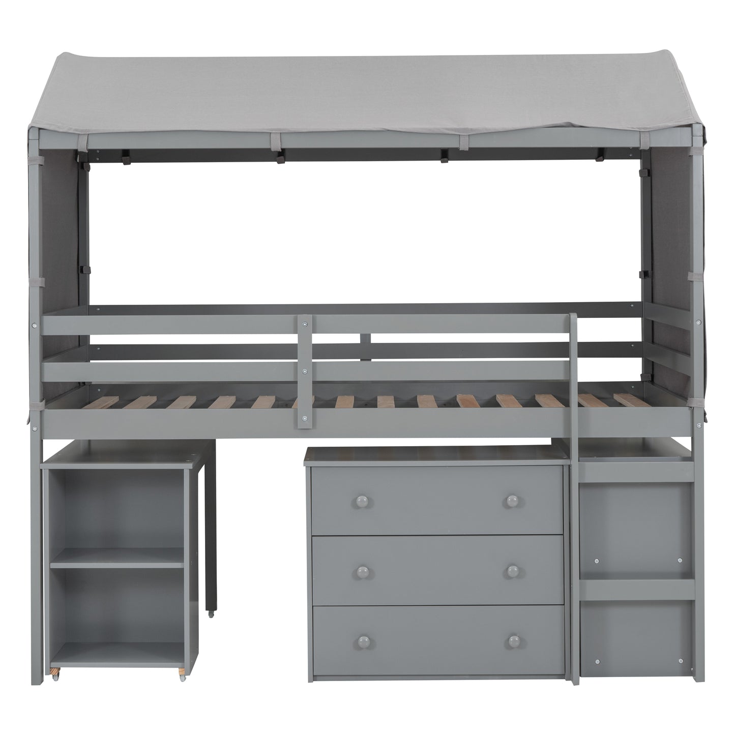 Twin Size Loft Bed with Rolling Cabinet, Shelf and Tent - Gray