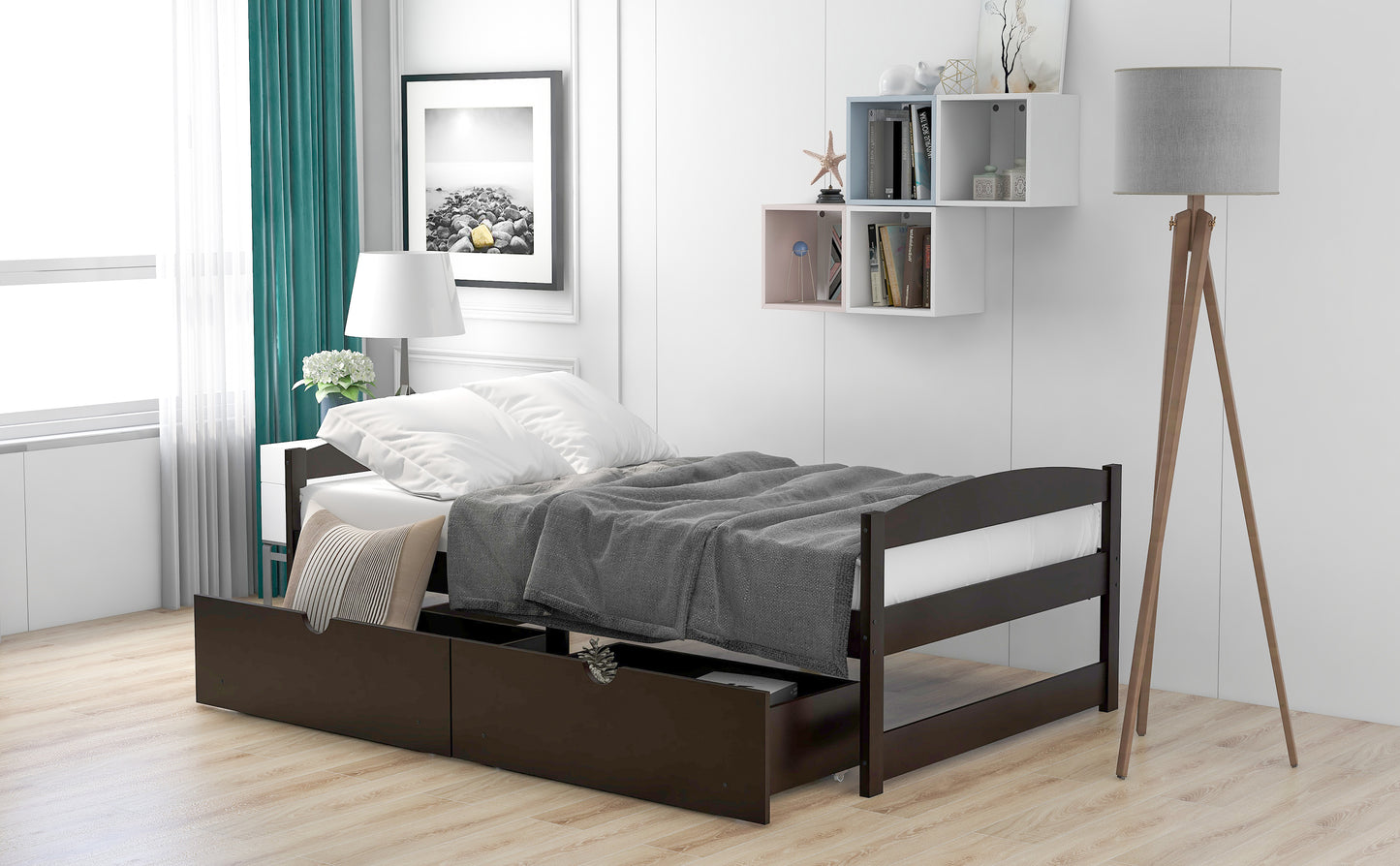 Twin size platform bed, with two drawers, espresso