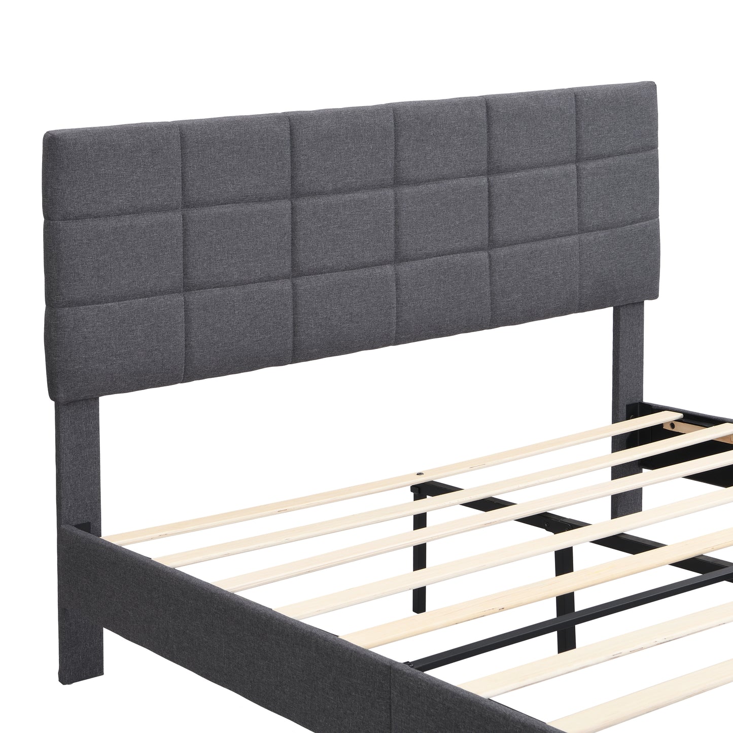 Full Size Platform Bed Frame with Fabric Upholstered Headboard and Wooden Slats, No Box Spring Needed/Easy Assembly, Grey