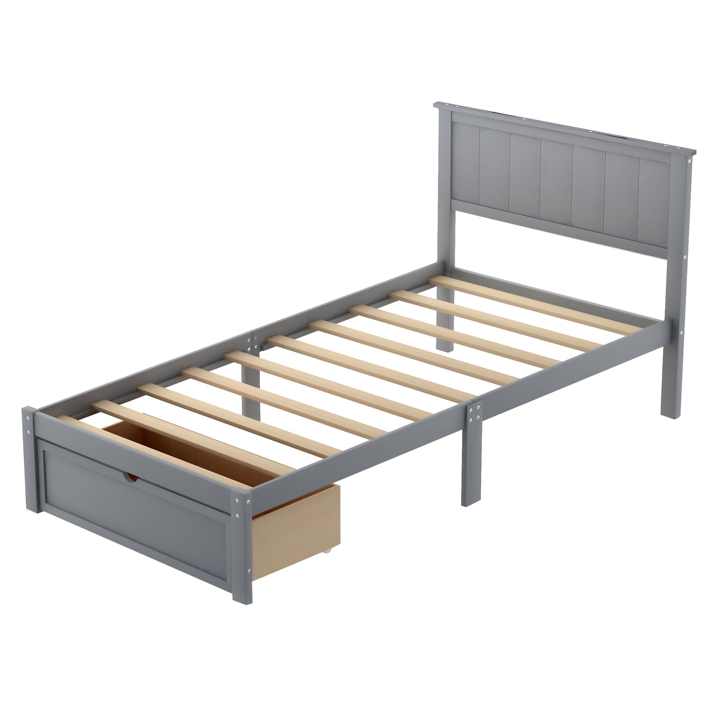 Twin Size Platform Bed with Under-bed Drawer, Gray