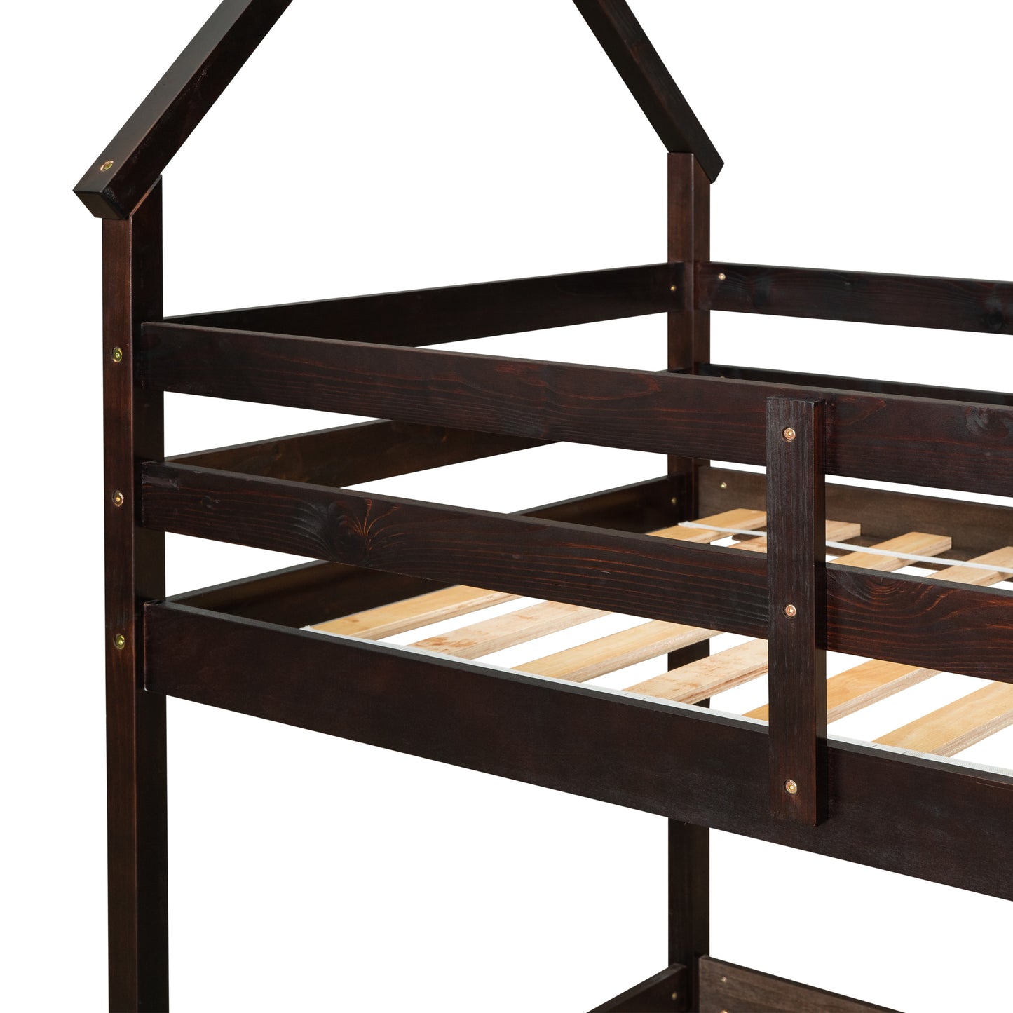 Twin over Twin Loft Bed with Roof Design, Safety Guardrail, Ladder, Espresso