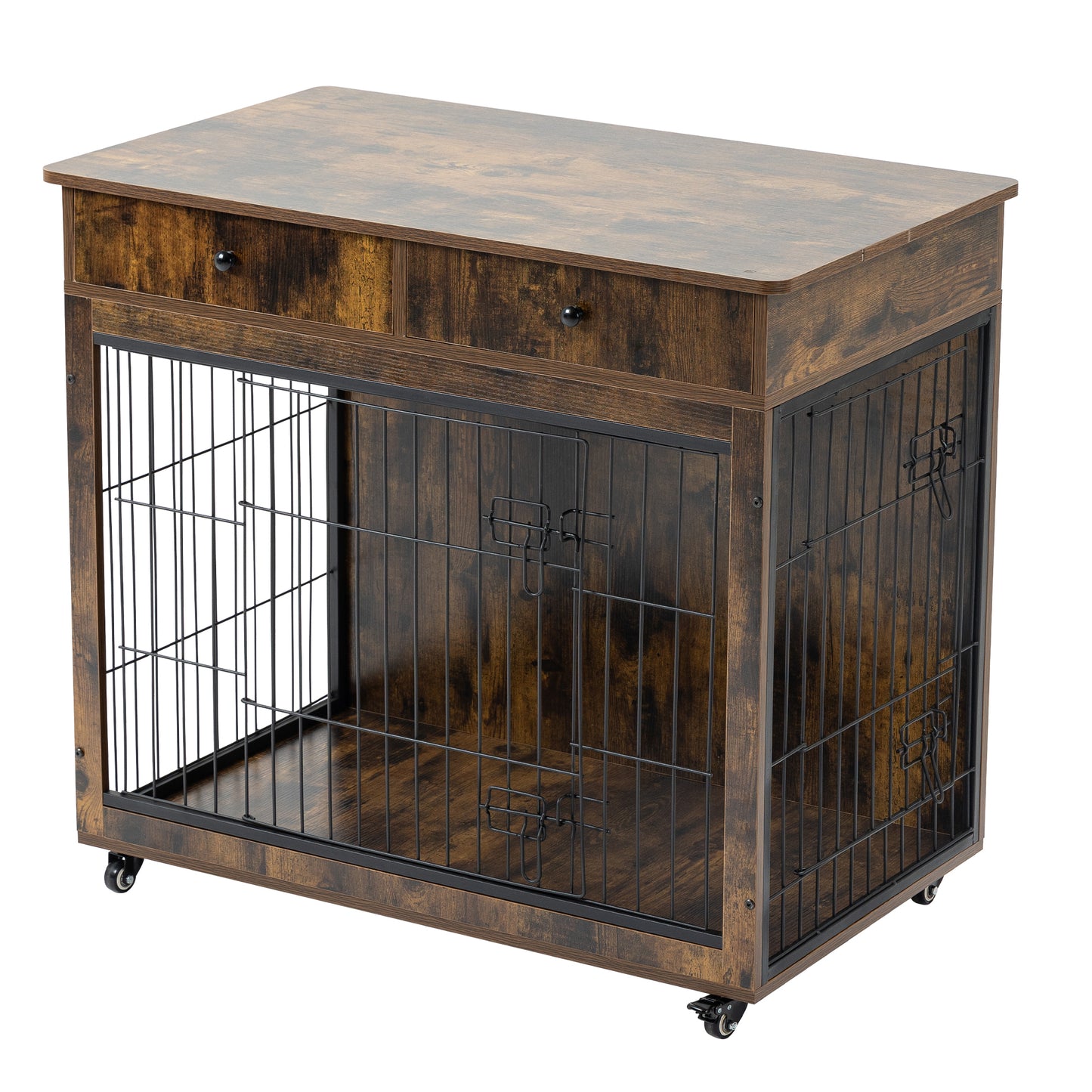 Dog Crate Furniture, Wooden Dog House, Decorative Dog Kennel with Drawer, Indoor Pet Crate End Table for Small Dog, Steel-Tube Dog Cage, Chew-Proof, Rustic Brown 31.7" L×23.2" W×33" H