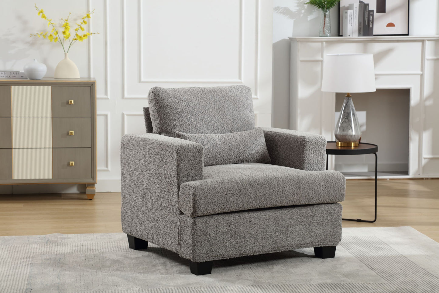 Elegant White and Gray Modern Chair for Living Room or Sofas, with Square Armrest and Removable Back Cushion