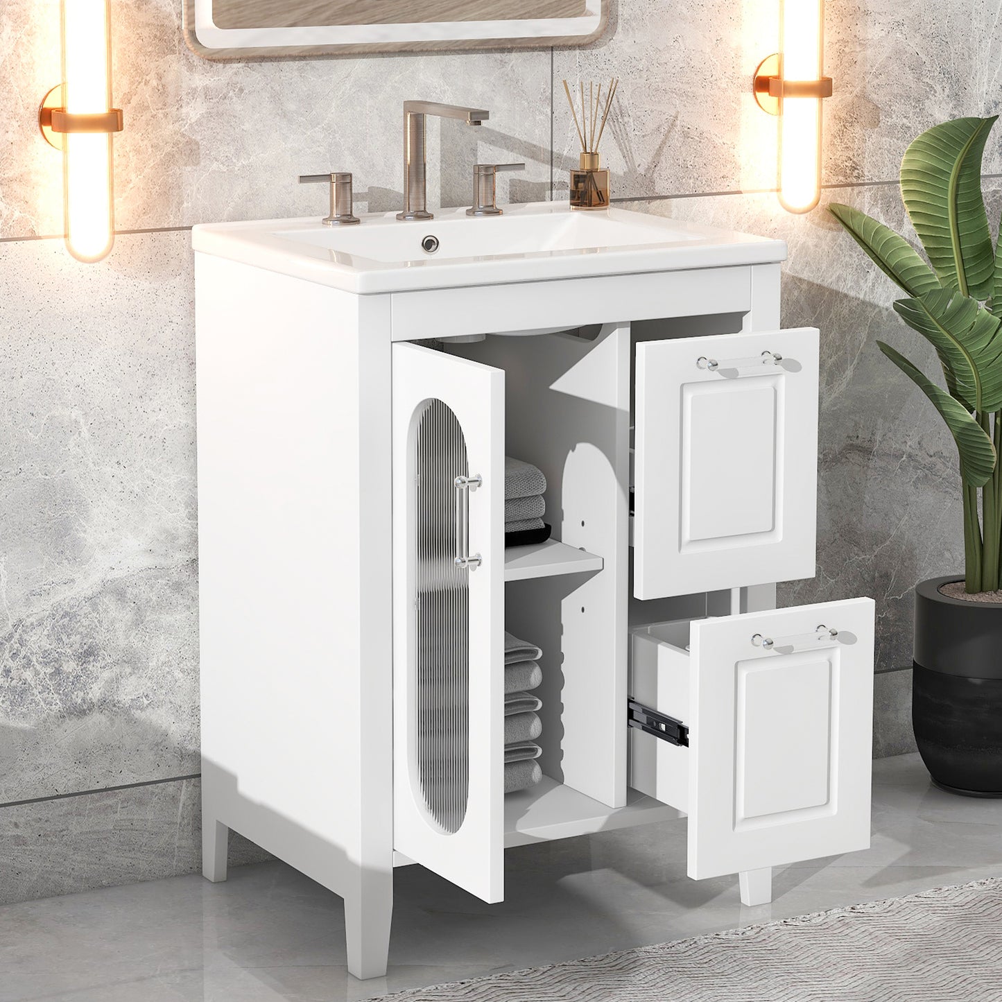 24-Inch White Bathroom Vanity Cabinet with Sink, Two Drawers, and Adjustable Shelf