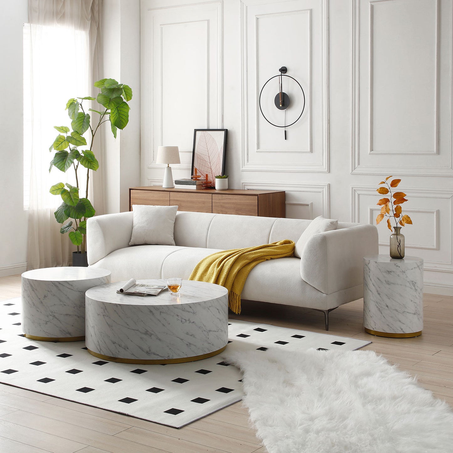 Elegant White Marble Coffee Table with Gold Metal Base