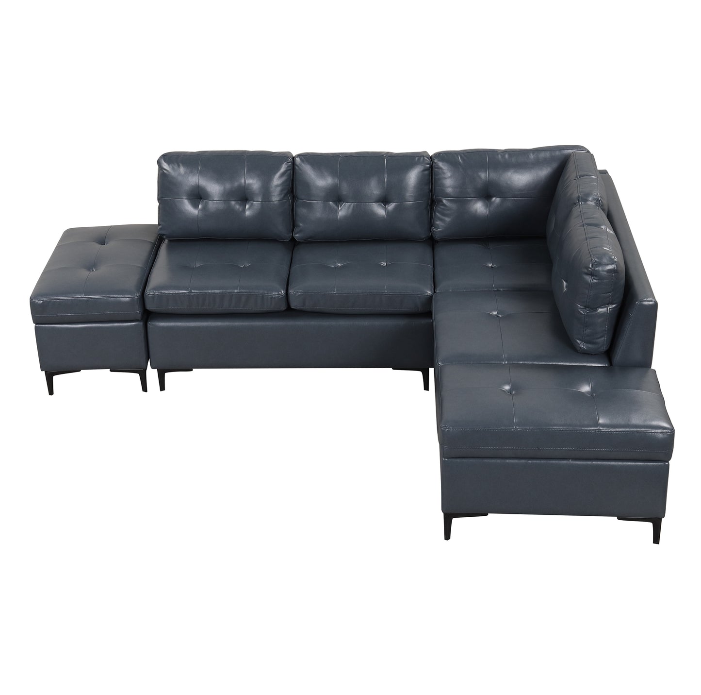 Blue L-Shaped Sectional Sofa Set with Movable Storage Ottomans