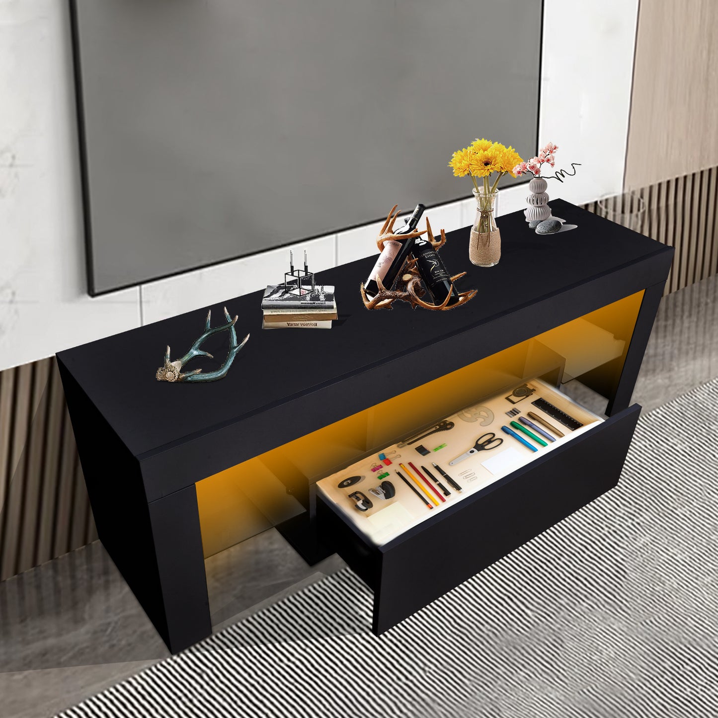 Sleek LED TV Stand with Drawer, Color-Changing Lights, and Modern Design