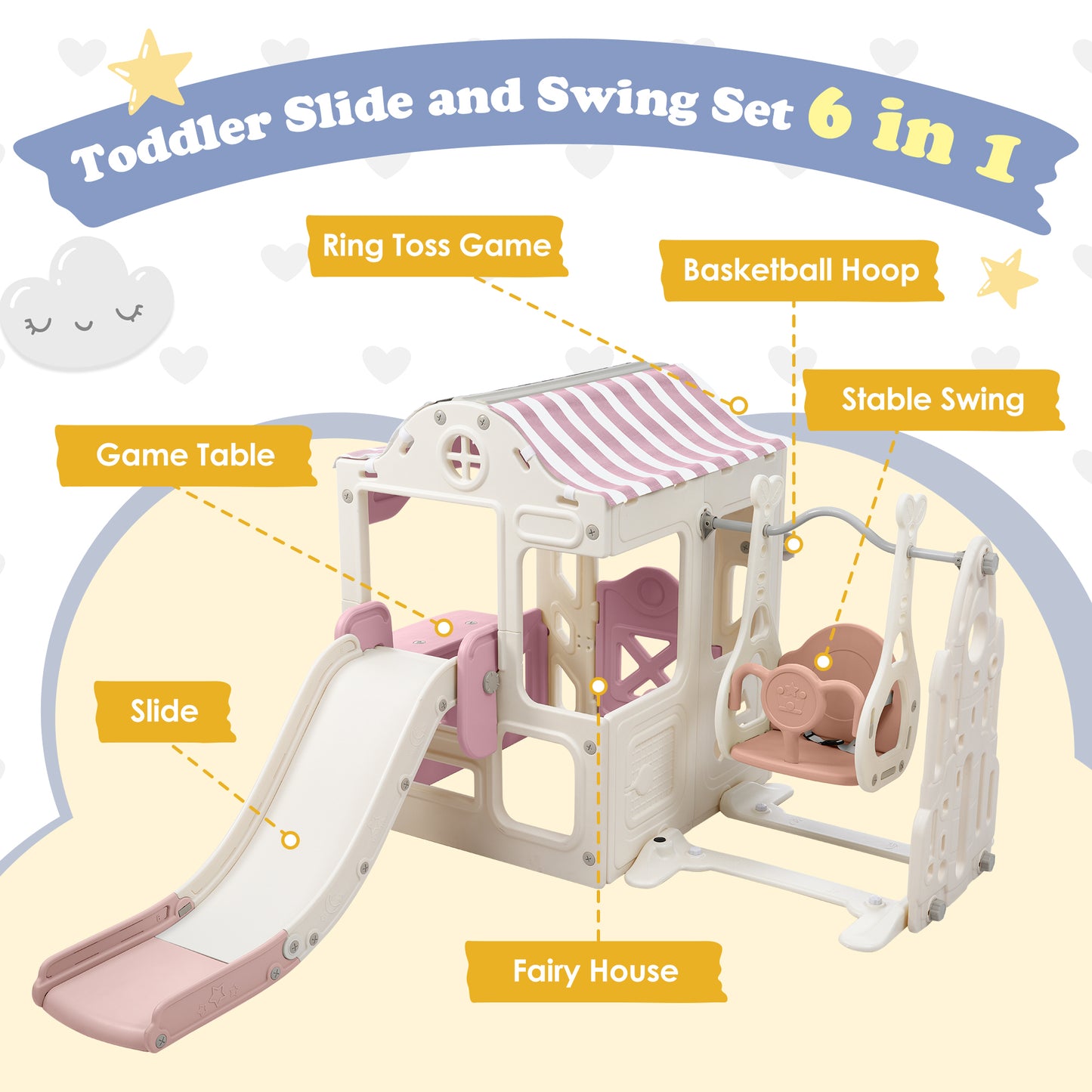 6-in-1 Toddler Swing and Slide Playset with Fairy House