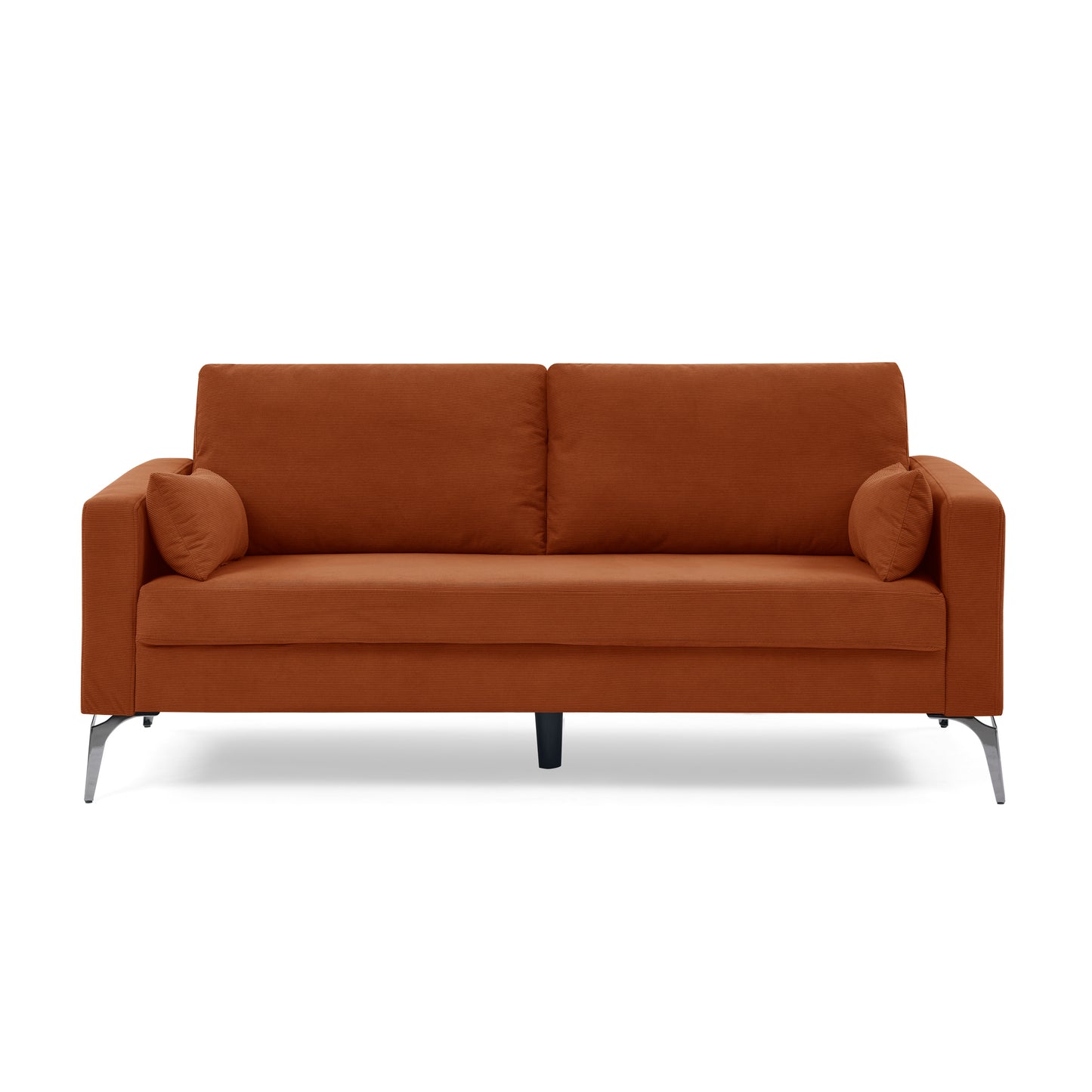 Corduroy Orange 3-Seater Sofa with Square Arms and Tight Back, Including Two Small Pillows