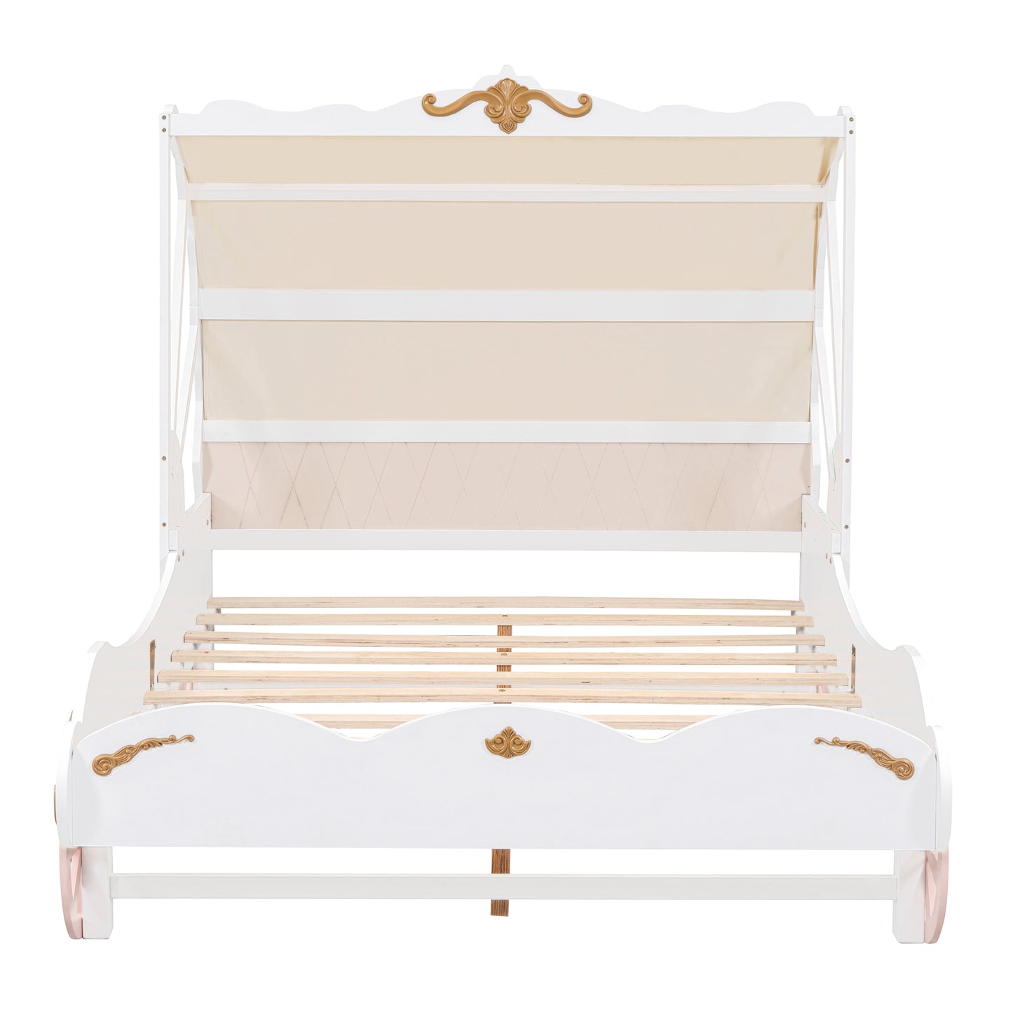 Full Size Princess Carriage Bed with Canopy, Wood Platform Car Bed with 3D Carving Pattern, White+Pink+Gold