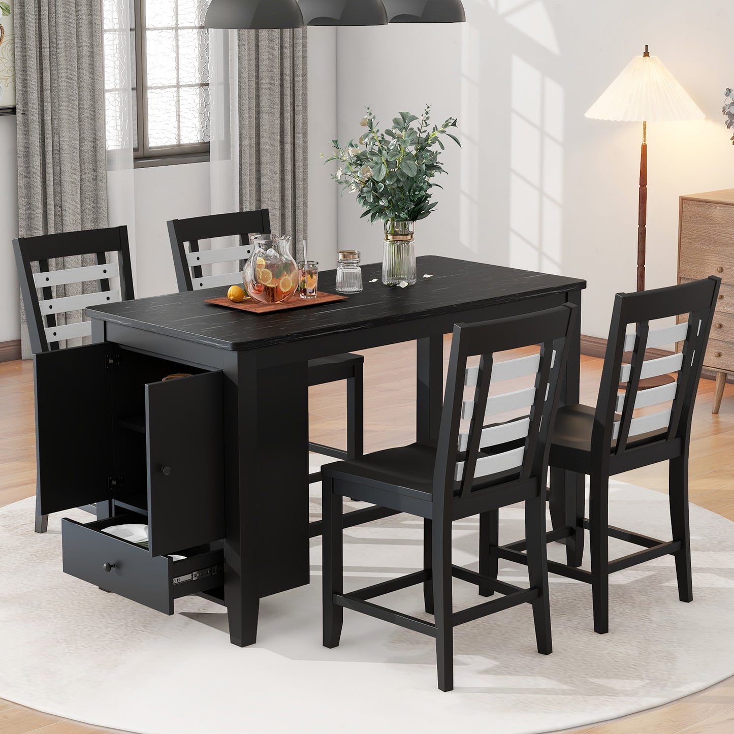 Counter Height 5-piece Dining Table Set with Faux Marble Tabletop, Solid Wood Table Set with Storage Cabinet and Drawer, Black