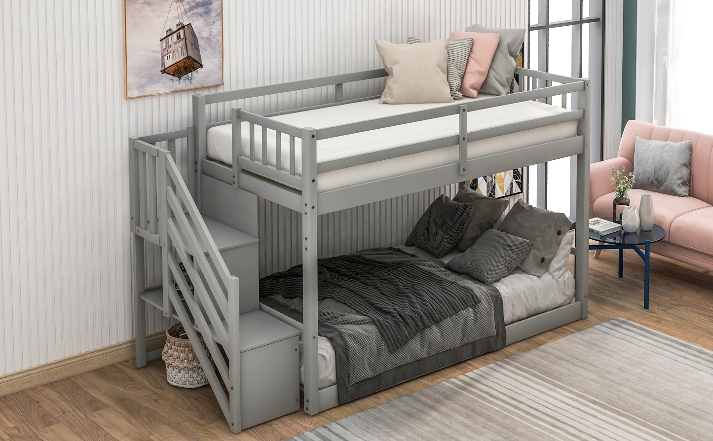 Gray Twin Bunk Bed with Built-in Storage Ladder for Kids