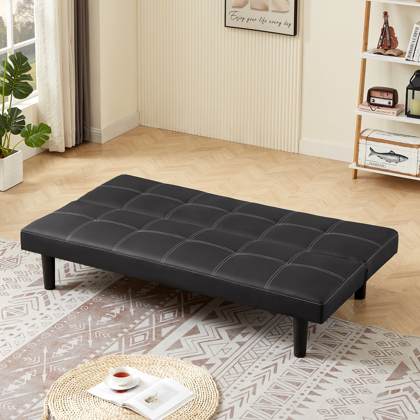 Black PU modern sofa bed, multi-position adjustable sofa bed, plastic feet