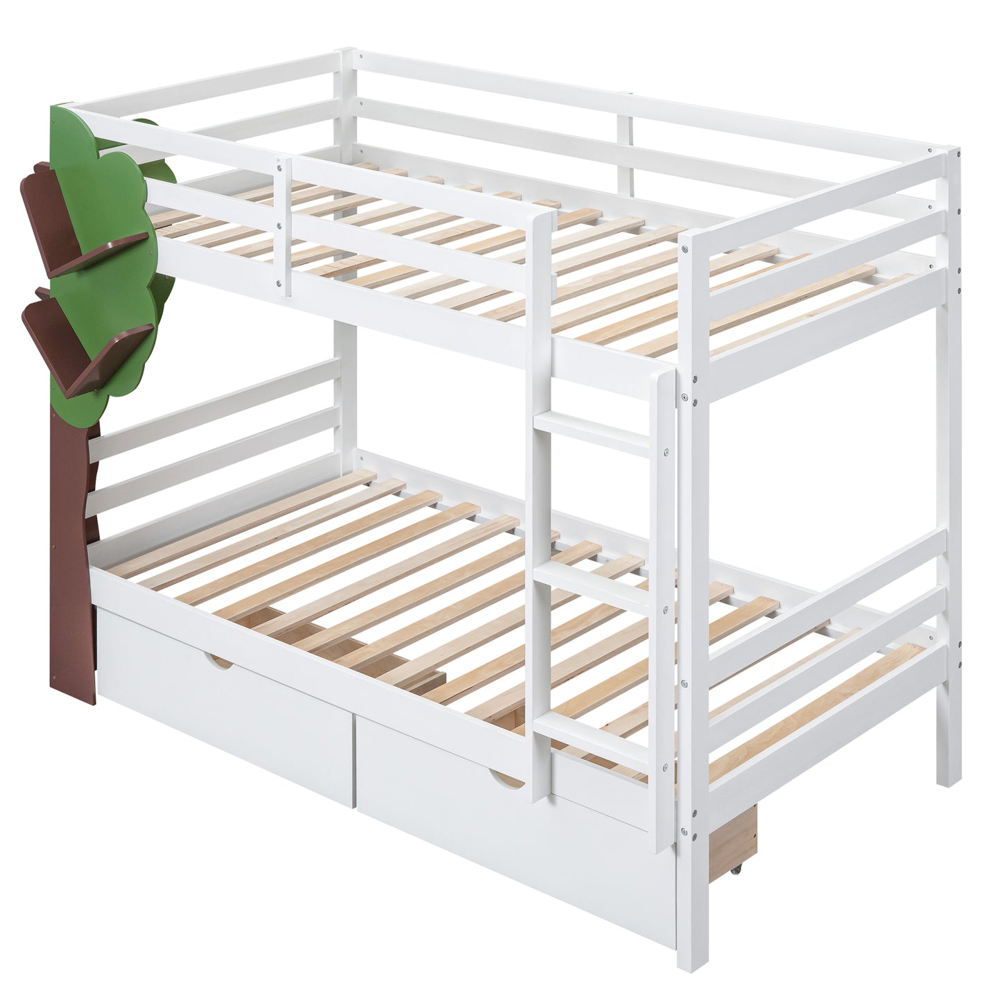 White Twin Bunk Bed with Tree Design and Storage Drawers