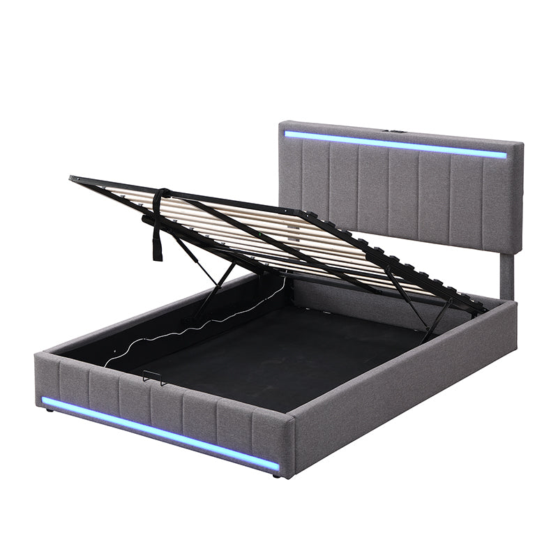 Full Size Upholstered Platform Bed with Hydraulic Storage System, LED Light, and a set of USB Ports and Sockets, Linen Fabric, Gray