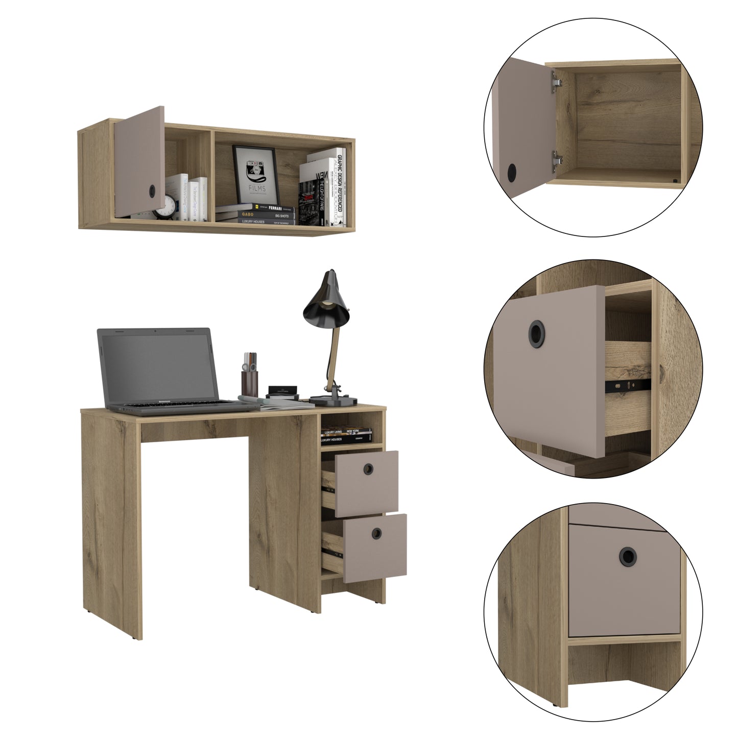 Luxurious Light Oak and Taupe Office Desk Set with Cabinet