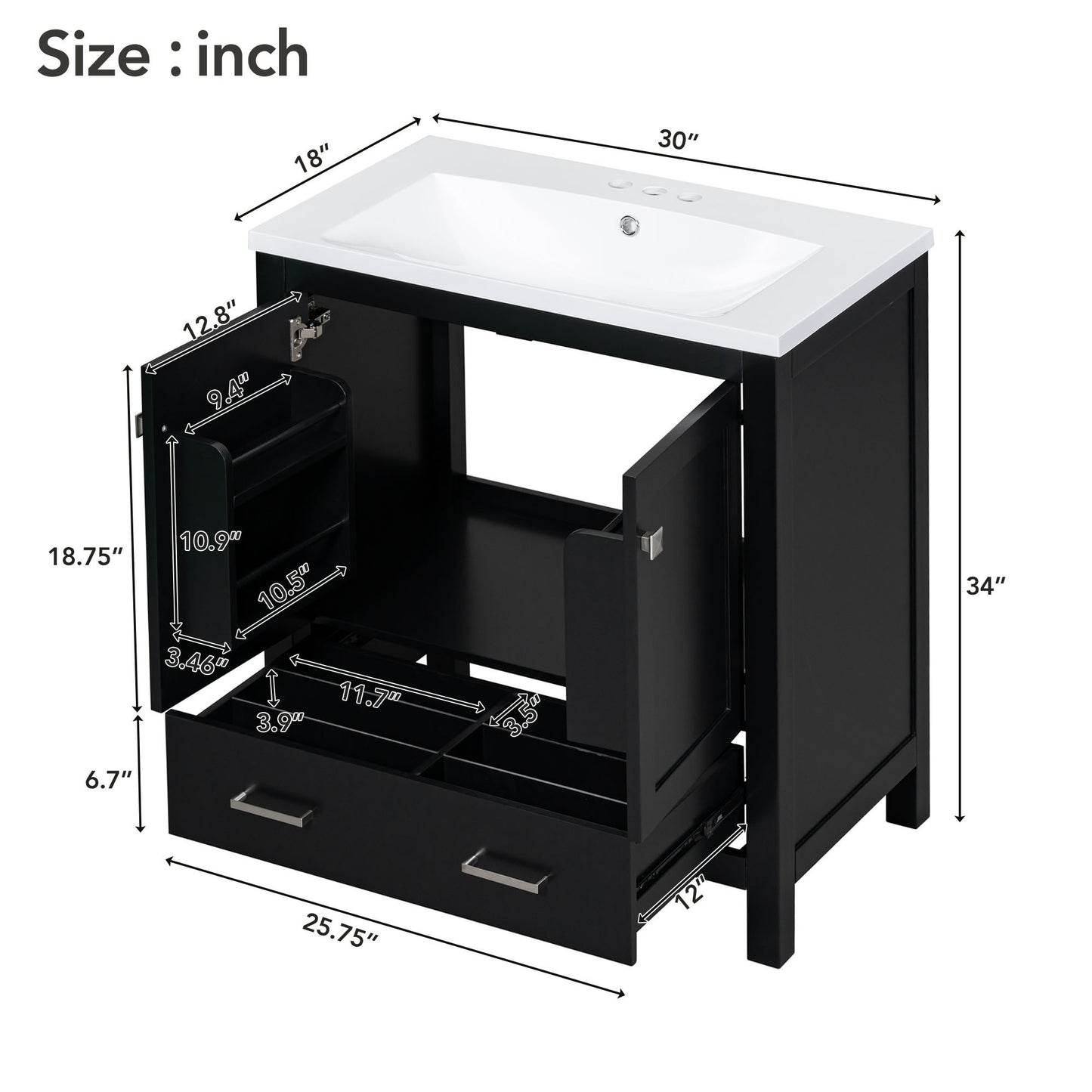 30" Black Bathroom Vanity with Single Sink, Combo Cabinet Undermount Sink, Bathroom Storage Cabinet with 2 Doors and a Drawer, Soft Closing, Multifunctional Storage, Solid Wood Frame