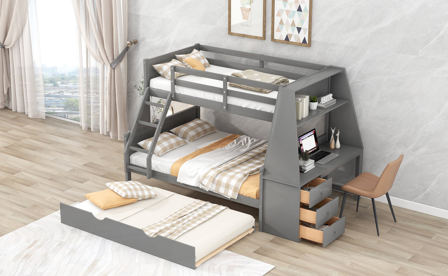 Enhanced Gray Twin over Full Bunk Bed with Trundle, Desk, and Storage