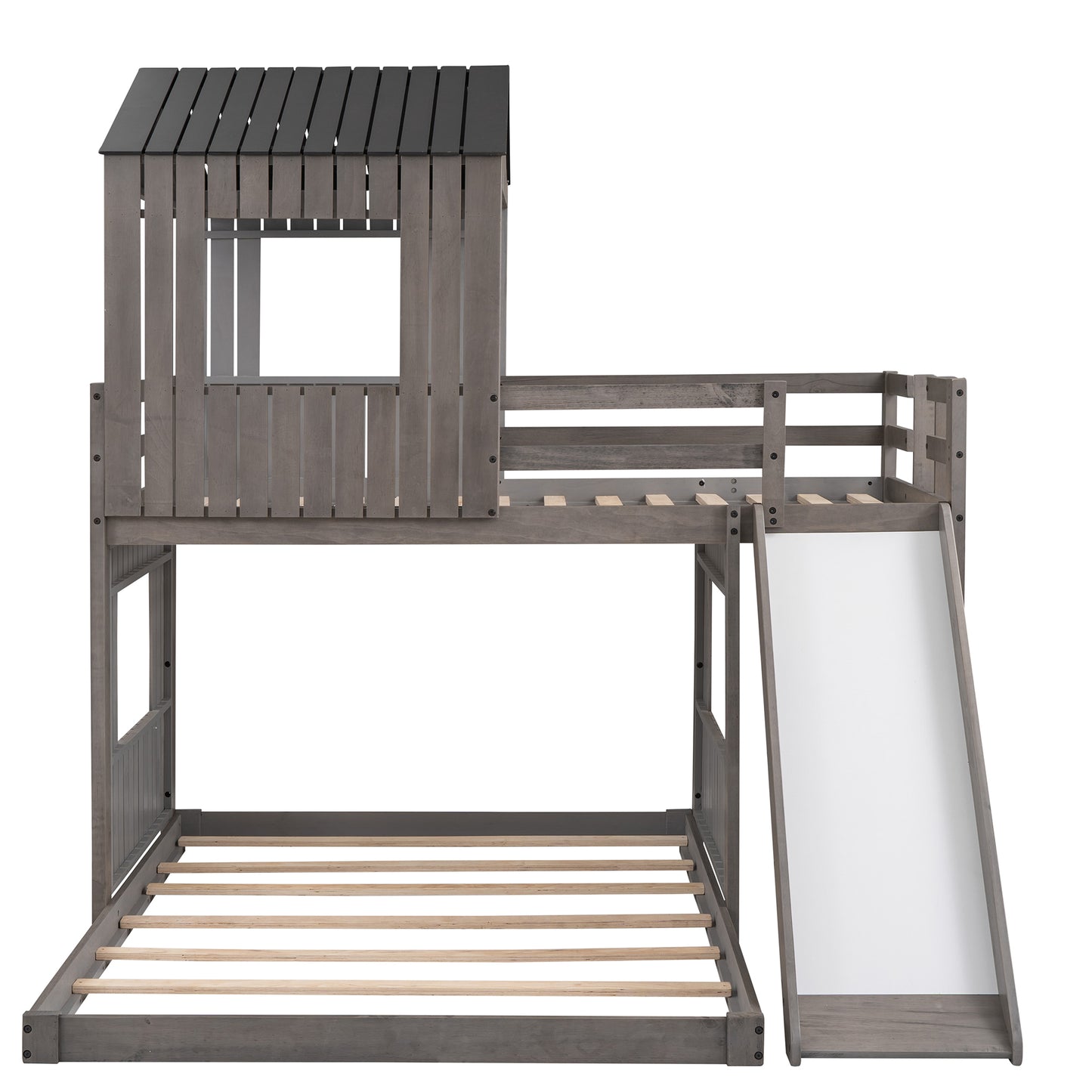 Playhouse Twin Over Full Bunk Bed with Ladder, Slide, and Guardrails in Farmhouse Style