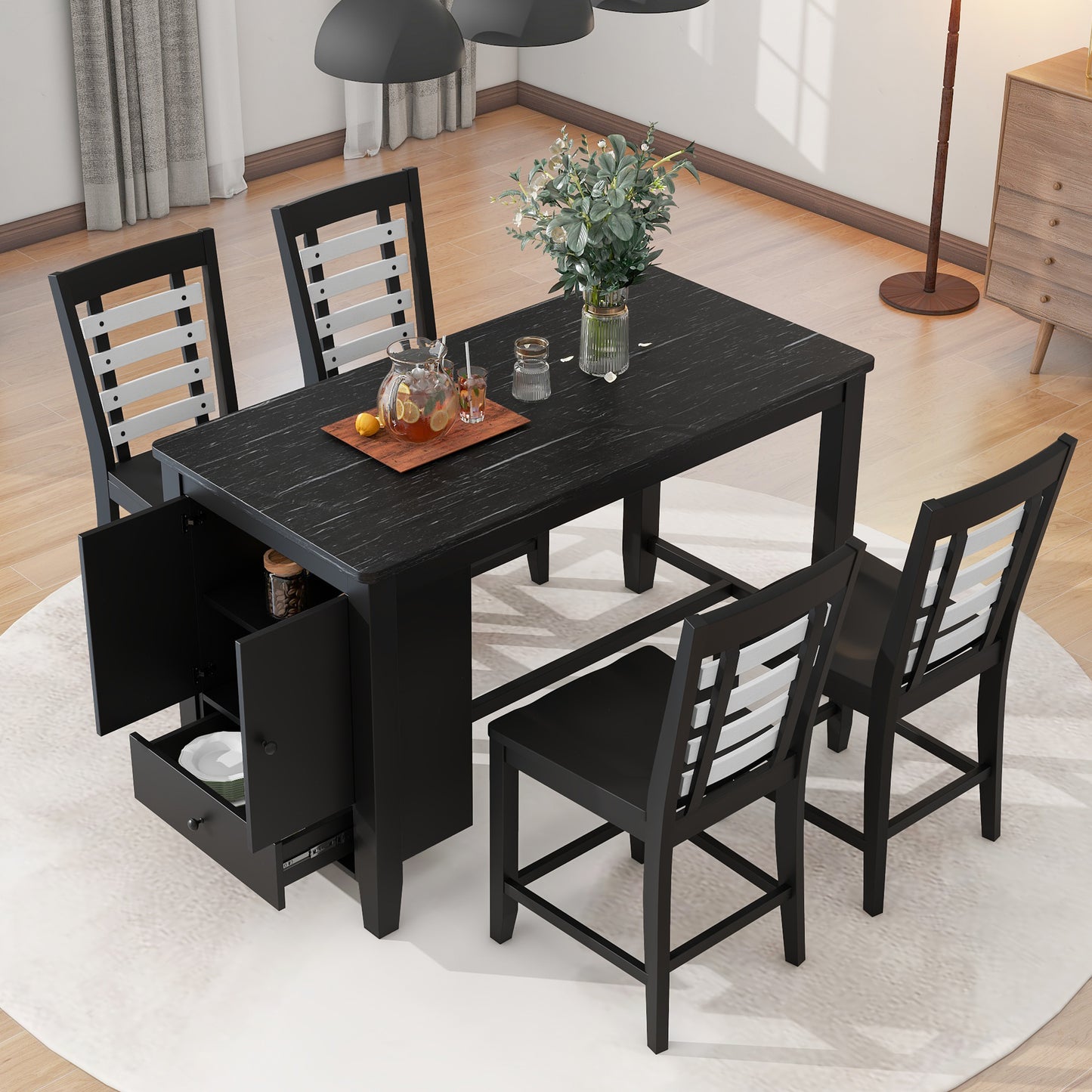 Counter Height 5-piece Dining Table Set with Faux Marble Tabletop, Solid Wood Table Set with Storage Cabinet and Drawer, Black