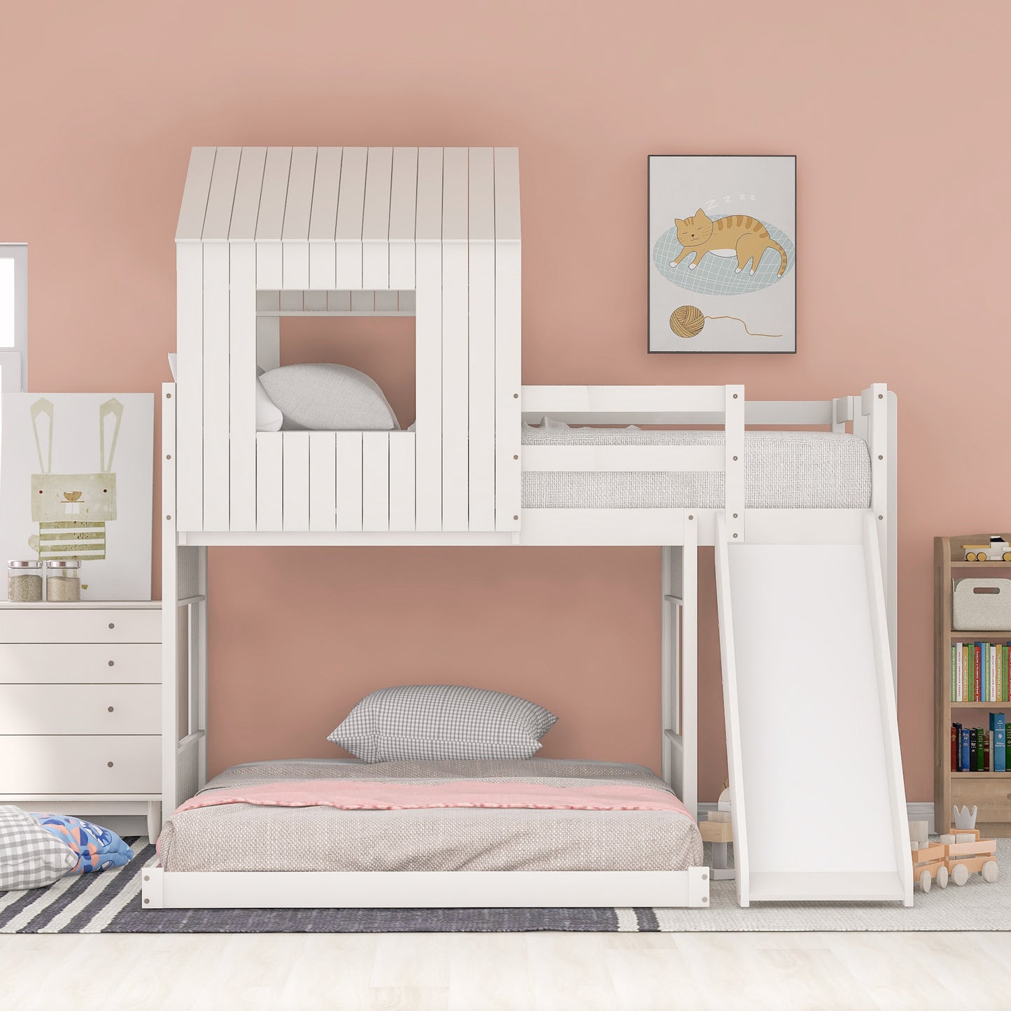 White Wooden Bunk Bed with Playhouse and Slide - Farmhouse Style