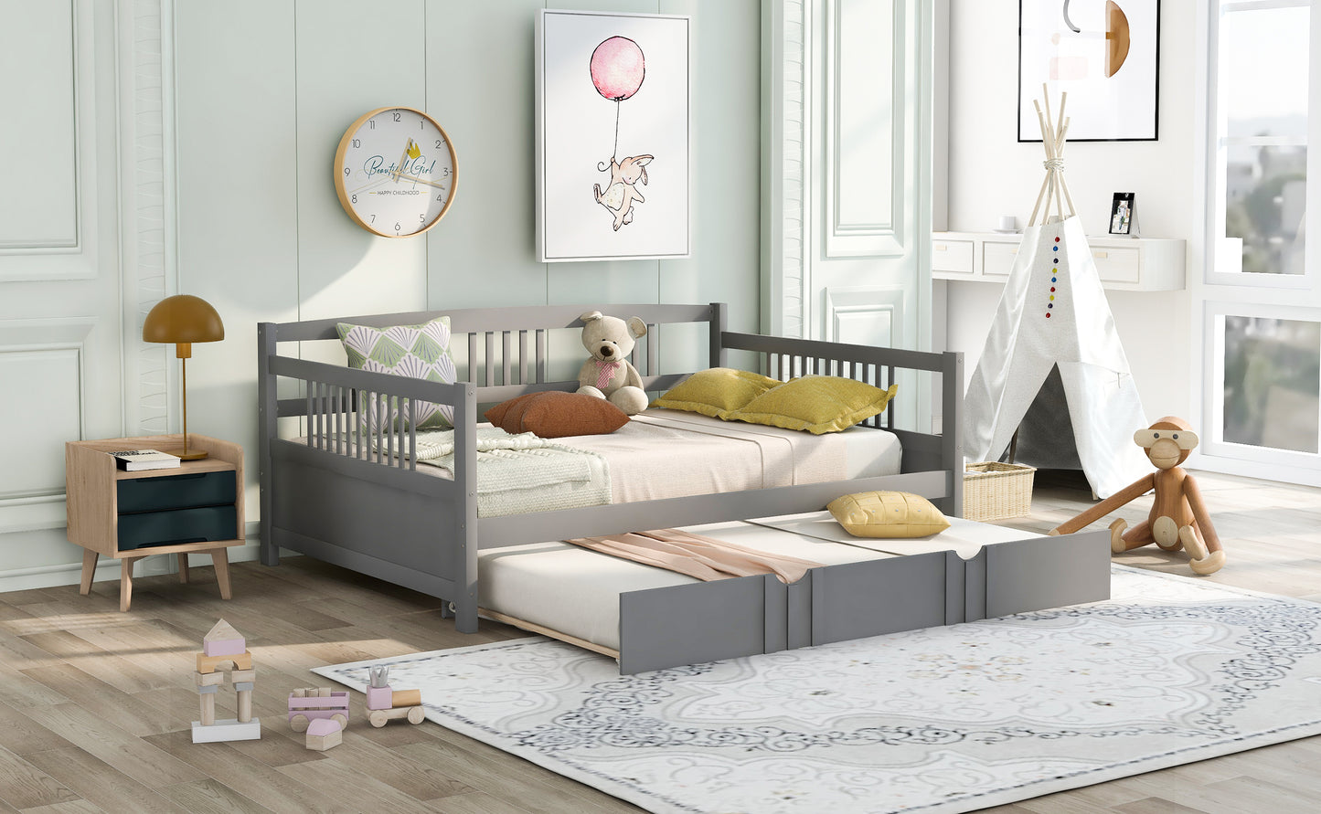 Full Size Daybed Wood Bed with Twin Size Trundle,Gray