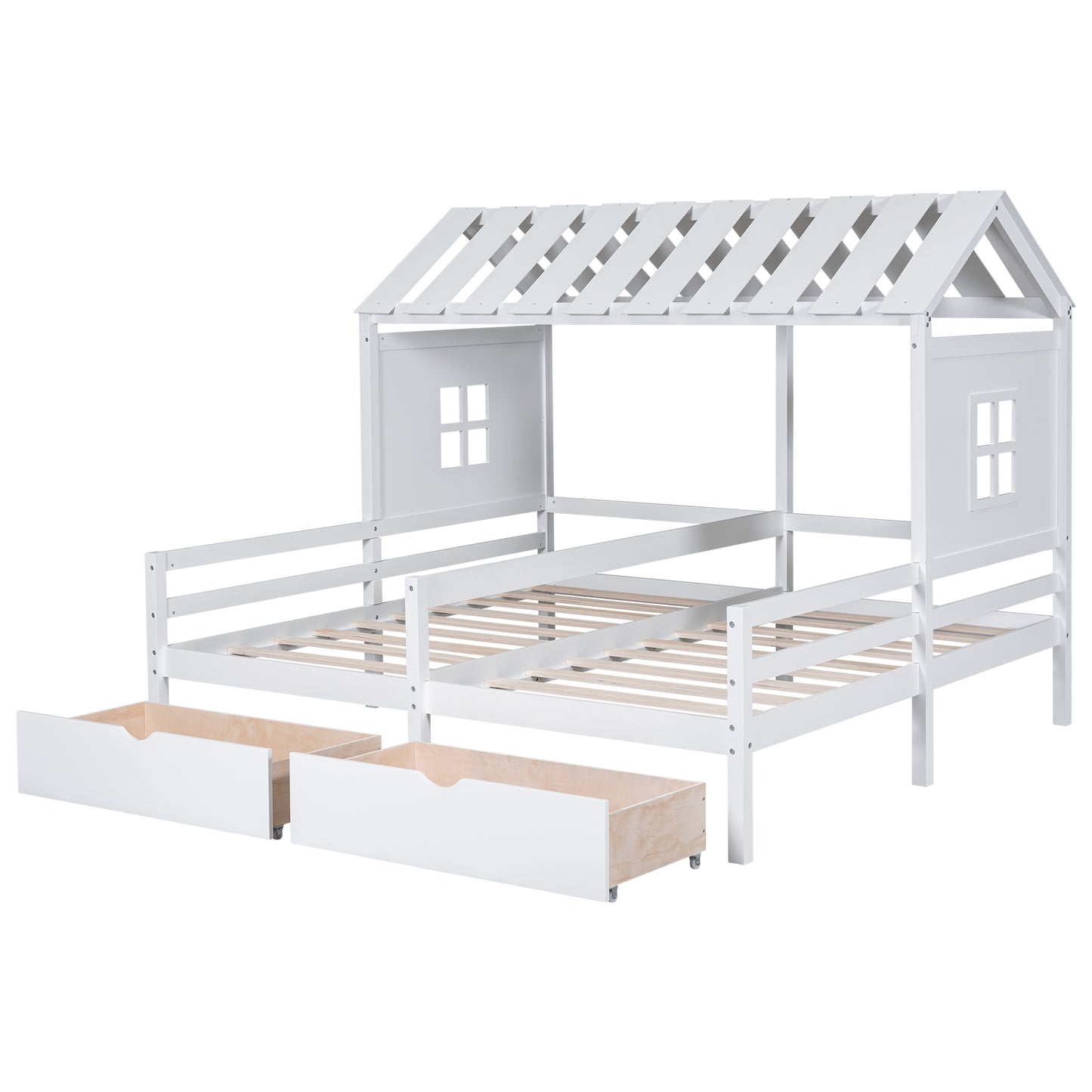 Twin Size House Platform Beds with Two Drawers for Boy and Girl Shared Beds, Combination of 2 Side by Side Twin Size Beds, White(: GX000927AAK)