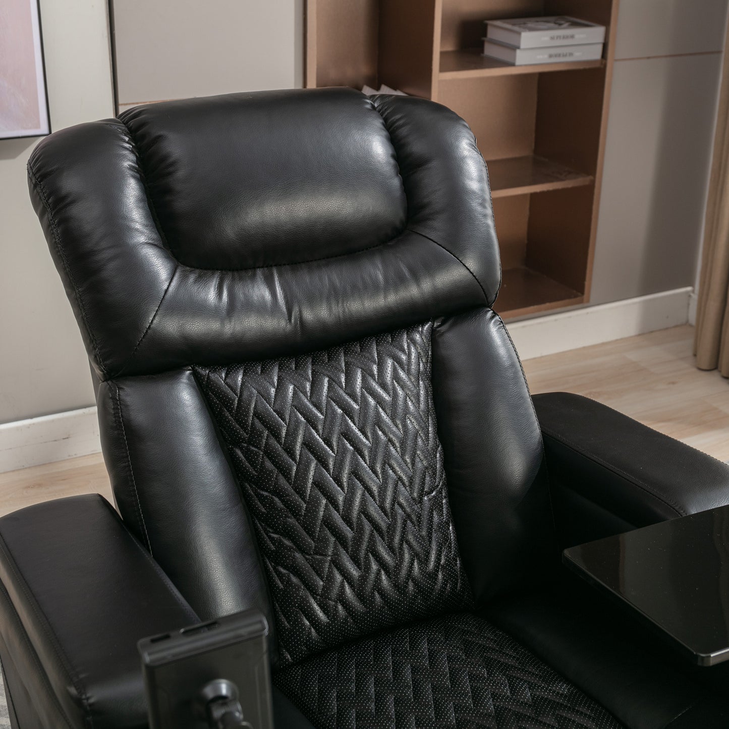 Luxury Black Swivel Recliner Chair with Tray Table, Phone Holder, and USB Port