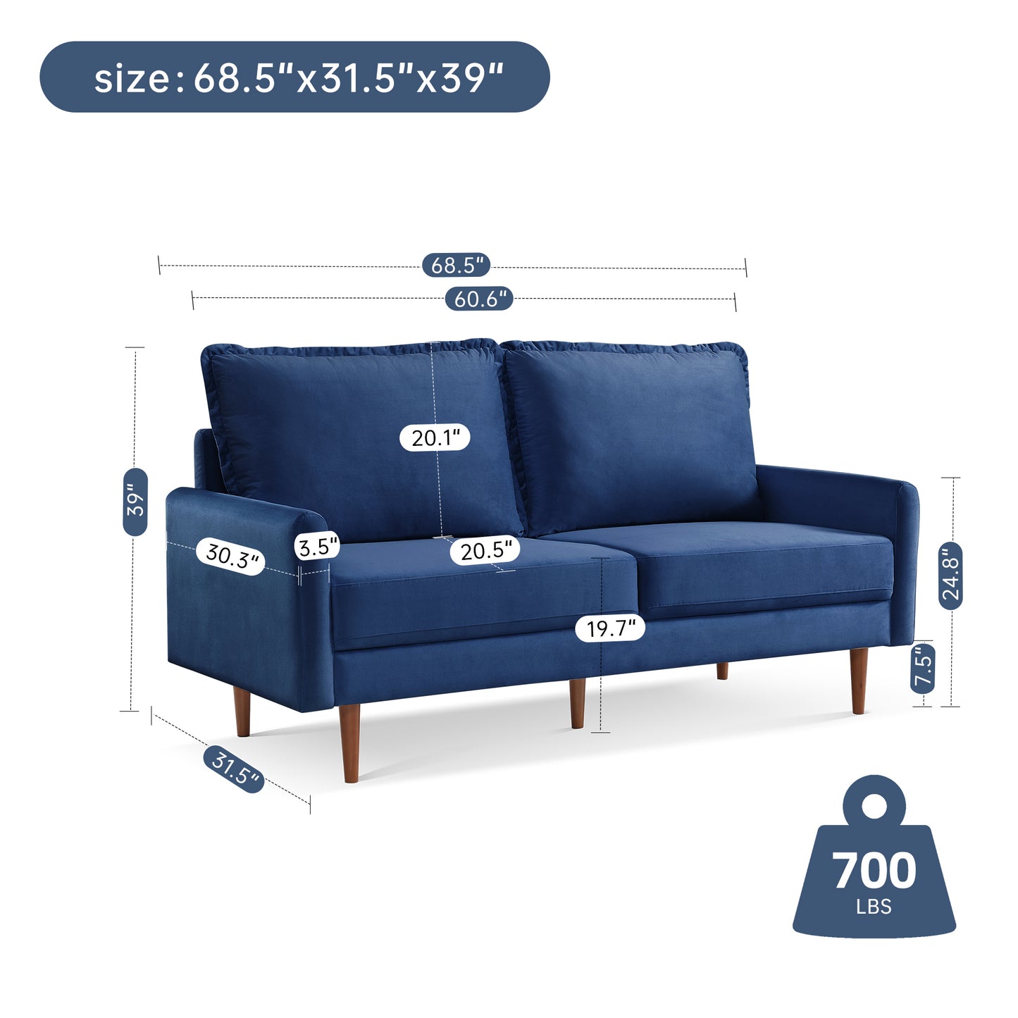 69” Classic Blue Velvet Upholstered Sofa with Mid-Century Design