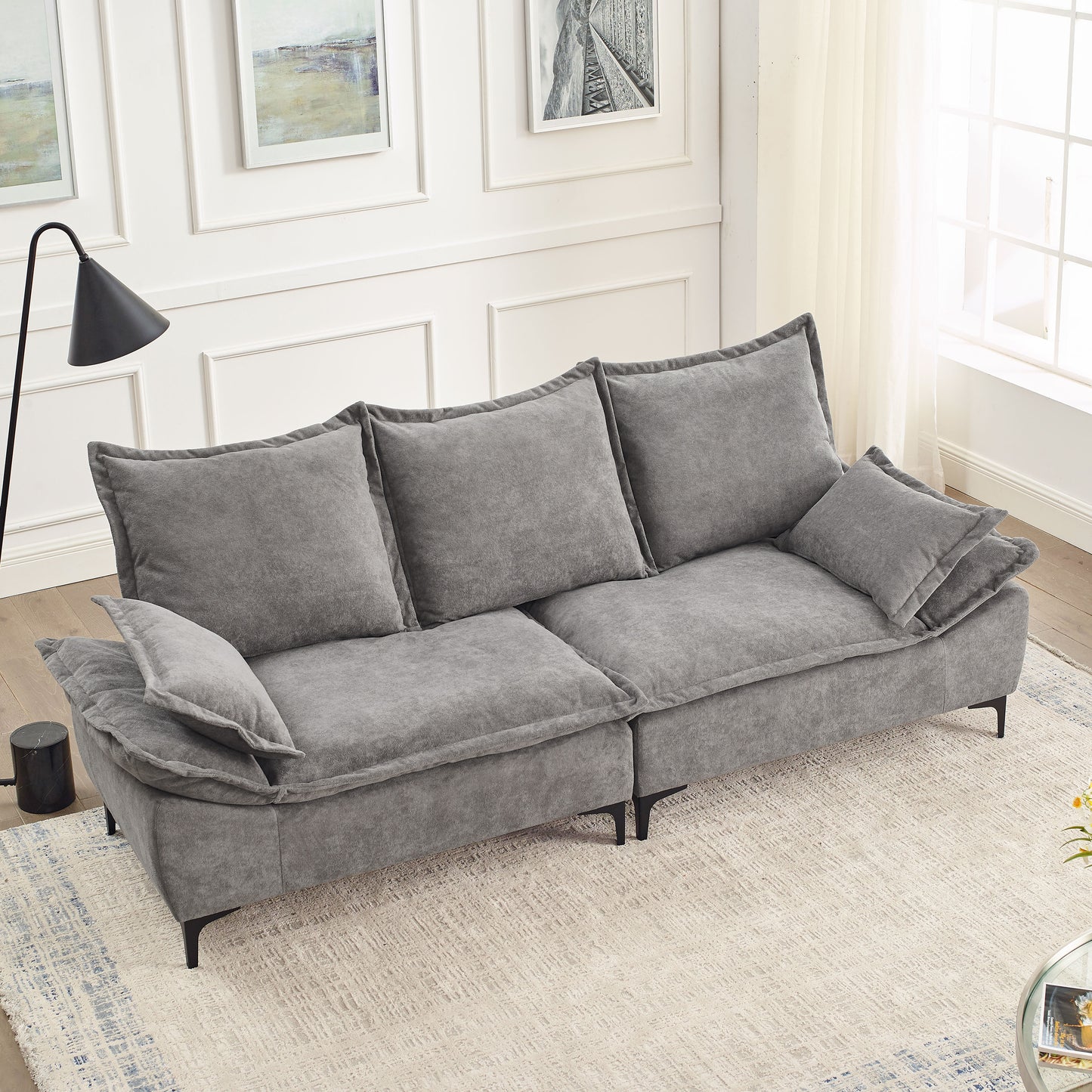 [video] MH" 88.5  Modern Sailboat Sofa Dutch Velvet 3-Seater Sofa with Two Pillows for Small Spaces in Living Rooms, Apartments