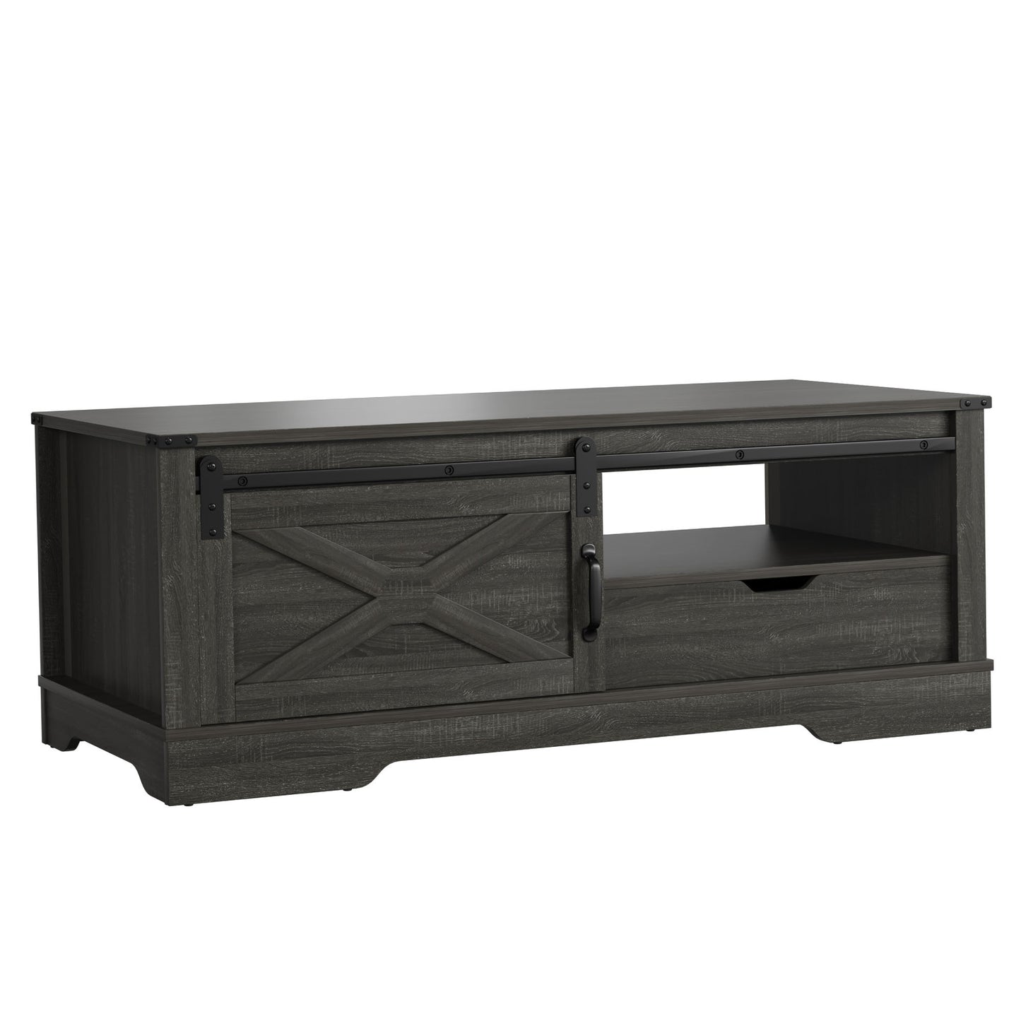 Rectangular Dark Gray Farmhouse Style Coffee Table with Sliding Barn Door Storage