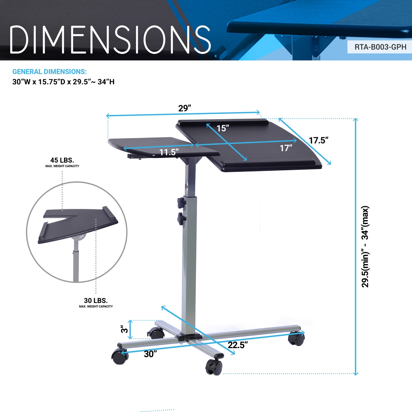 Adjustable Rolling Laptop Workstation with Graphite Finish