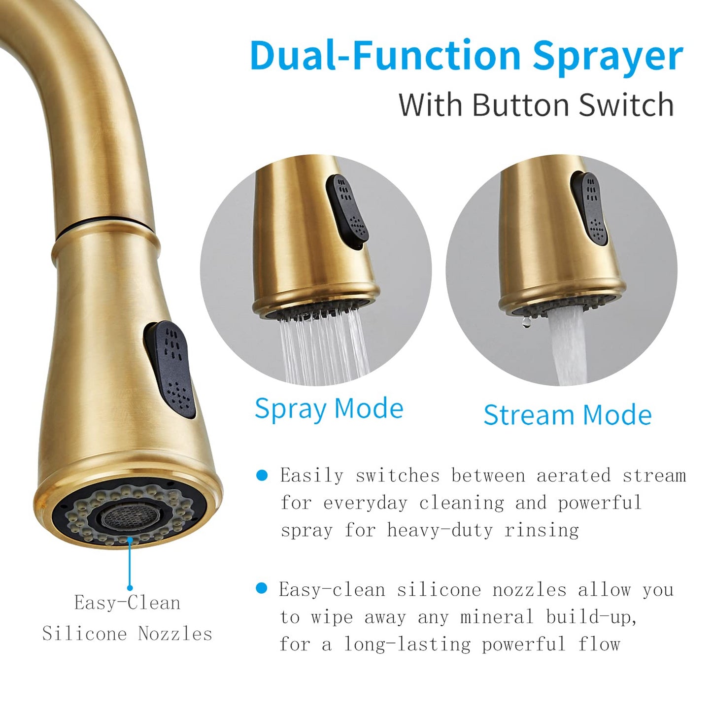 Gold Kitchen Faucet with Pull Down Sprayer, Brushed Gold Kitchen Sink Faucets 1Handle Single Hole Deck Mount High Arc 360 Degree Swivel Pull Out Kitchen Faucets