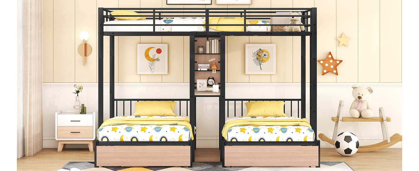 Full Over Twin & Twin Bunk Bed with Desks, Shelves, and Drawers in Black Metal Frame