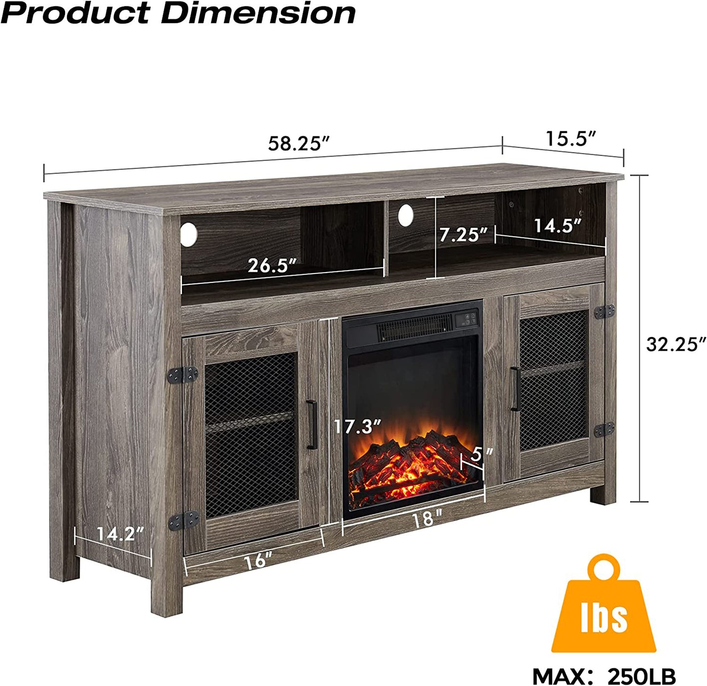 Industrial Style Electric Fireplace TV Stand with Storage Cabinet, Fits up to 65 Flat Screen TV, Grey