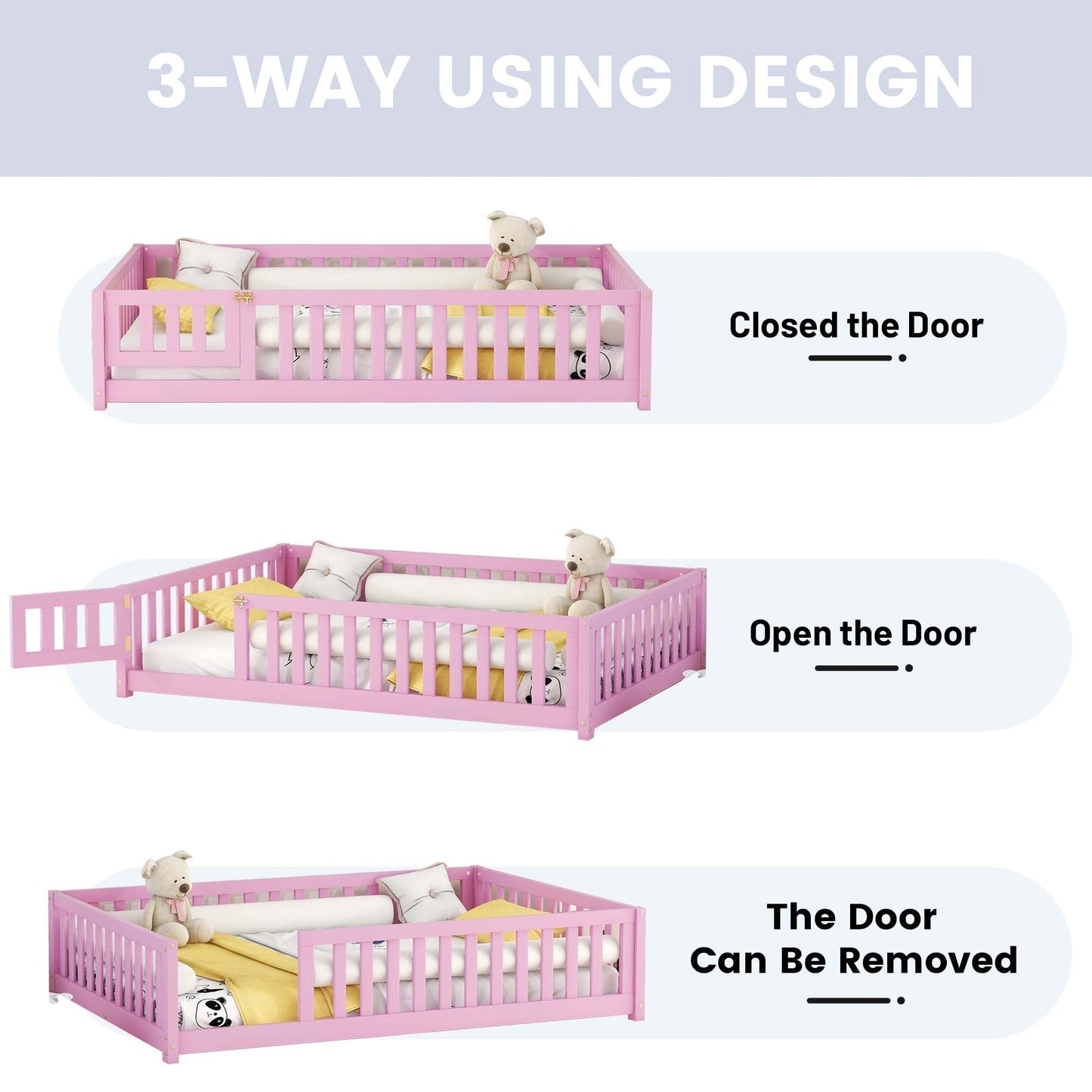 Full Size Bed Floor Bed with Safety Guardrails and Door for Kids, Pink