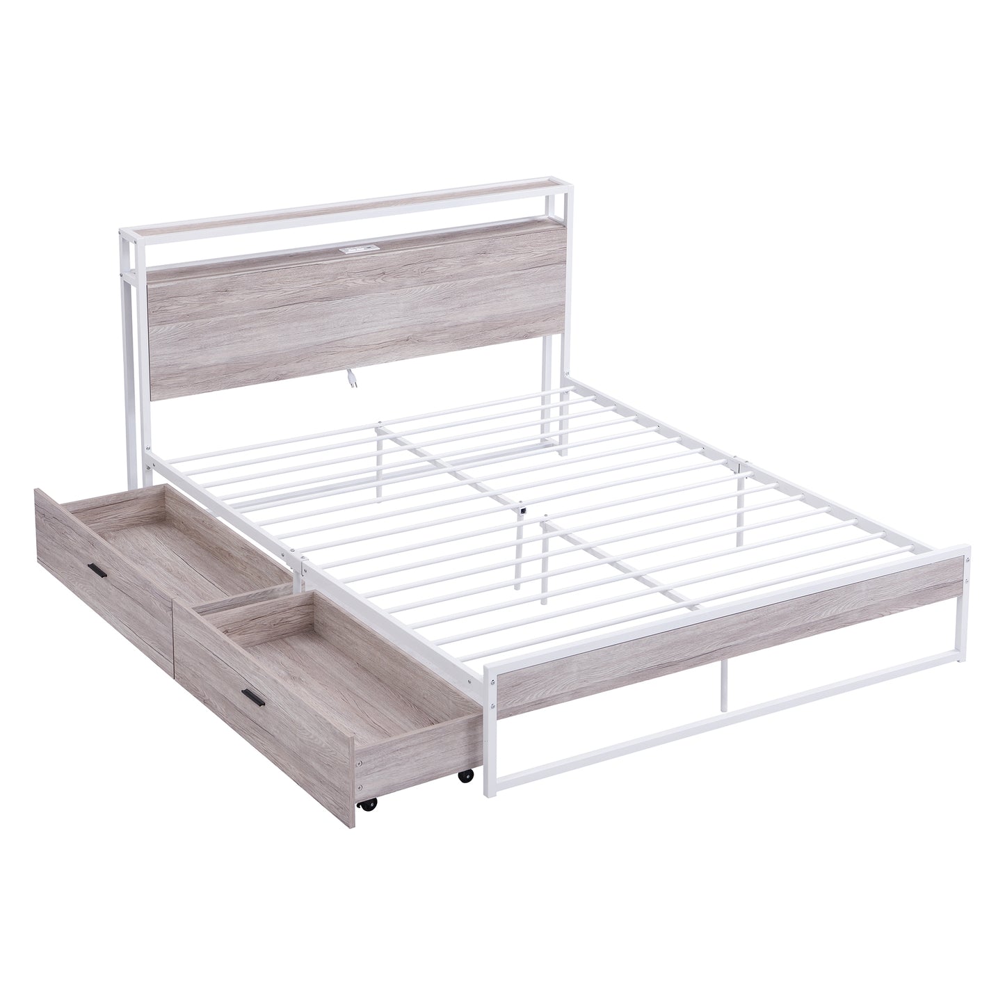 Queen Size Metal Platform Bed Frame with Two Drawers,Sockets and USB Ports ,Slat Support No Box Spring Needed  White