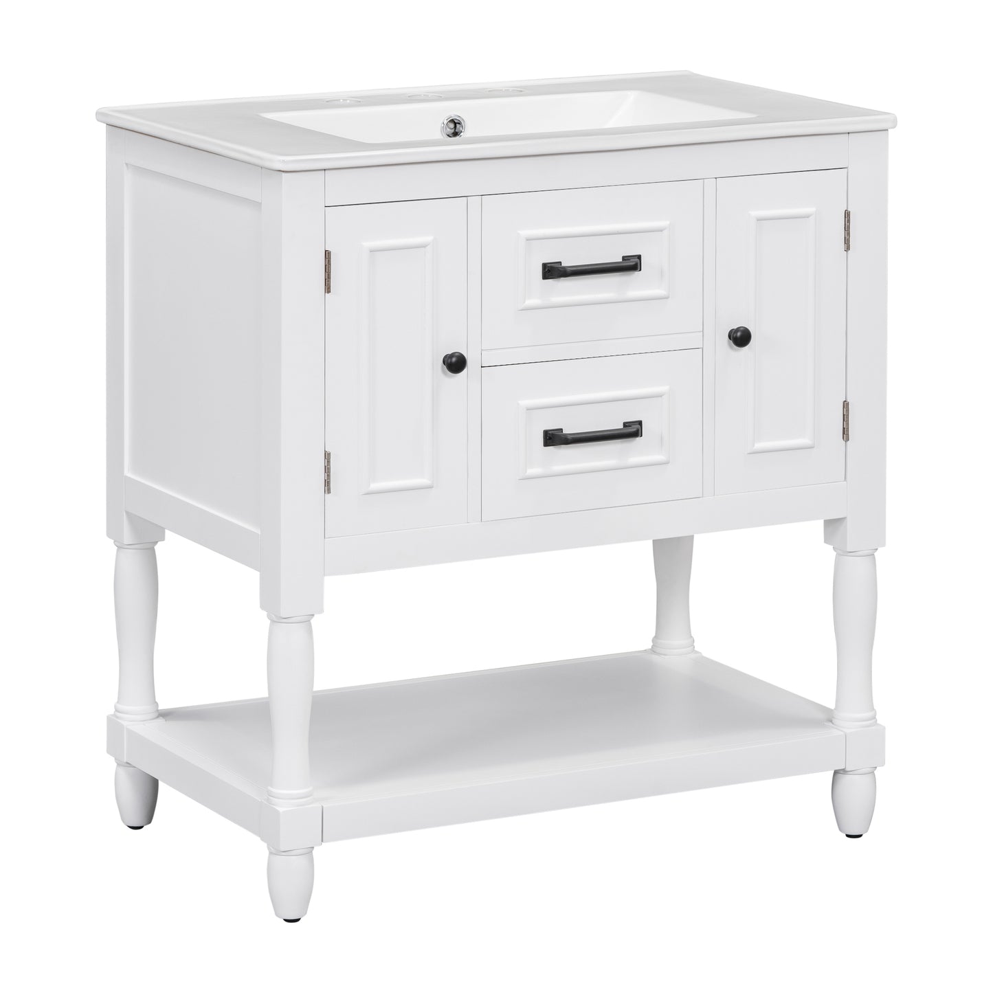 30" Bathroom Vanity with Sink Top, Bathroom Vanity Cabinet with Two Doors and Two Drawers, Solid Wood Frame, One Package, White