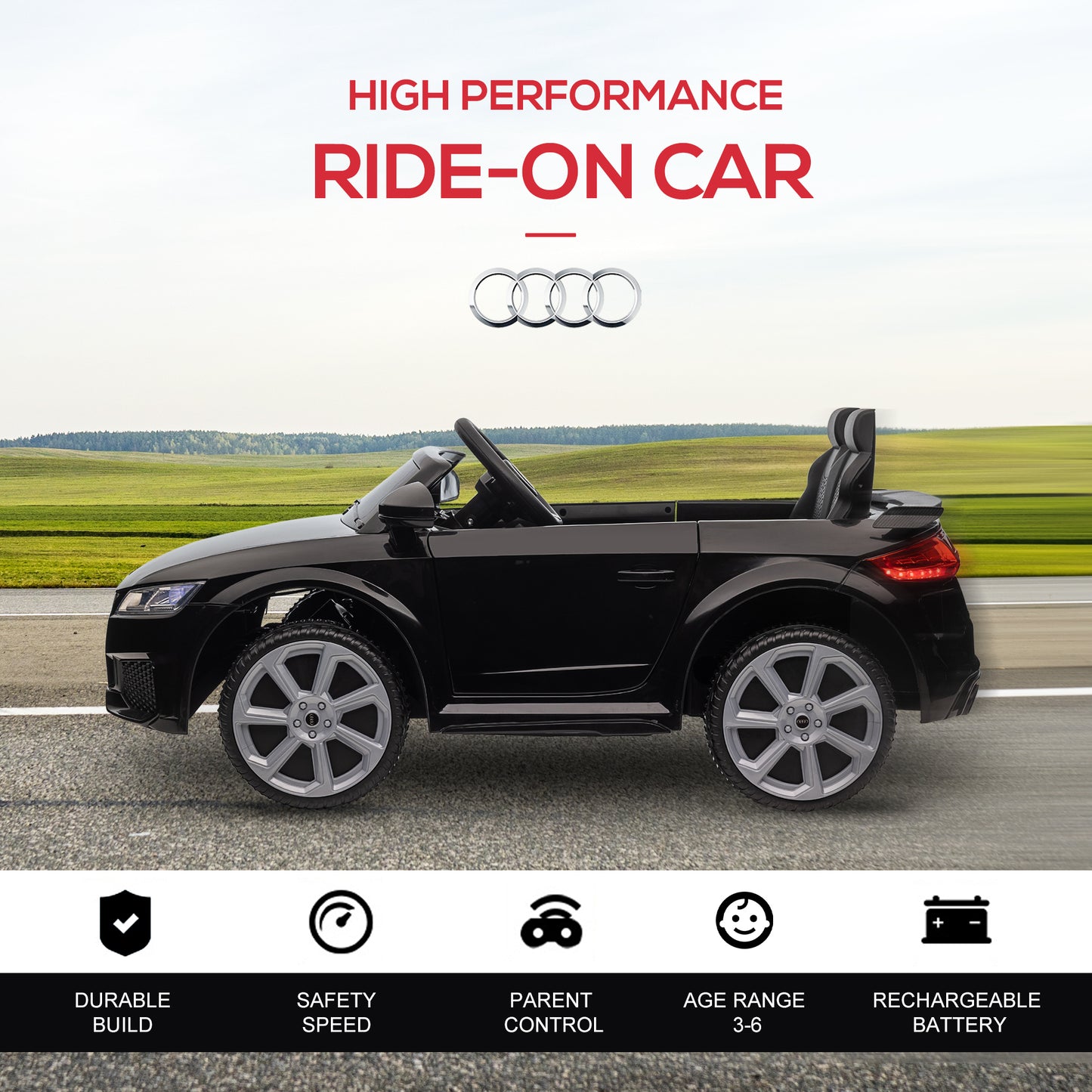 Aosom 6V Kids Electric Ride On Car, Licensed Audi TT RS with Suspension System and Remote Control, Horn, 5 Songs, Lights, MP3 Player - Black