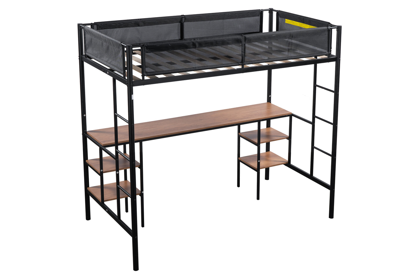 Metal Twin-size Loft Bed with Table & Shelves/ Sturdy Metal Bed Frame/ Noise-free Wood Slat/ Comfortable Textilene Guardrail/ Built-in Table and Shelves/ 2 Side Ladders/ No Box Spring Needed