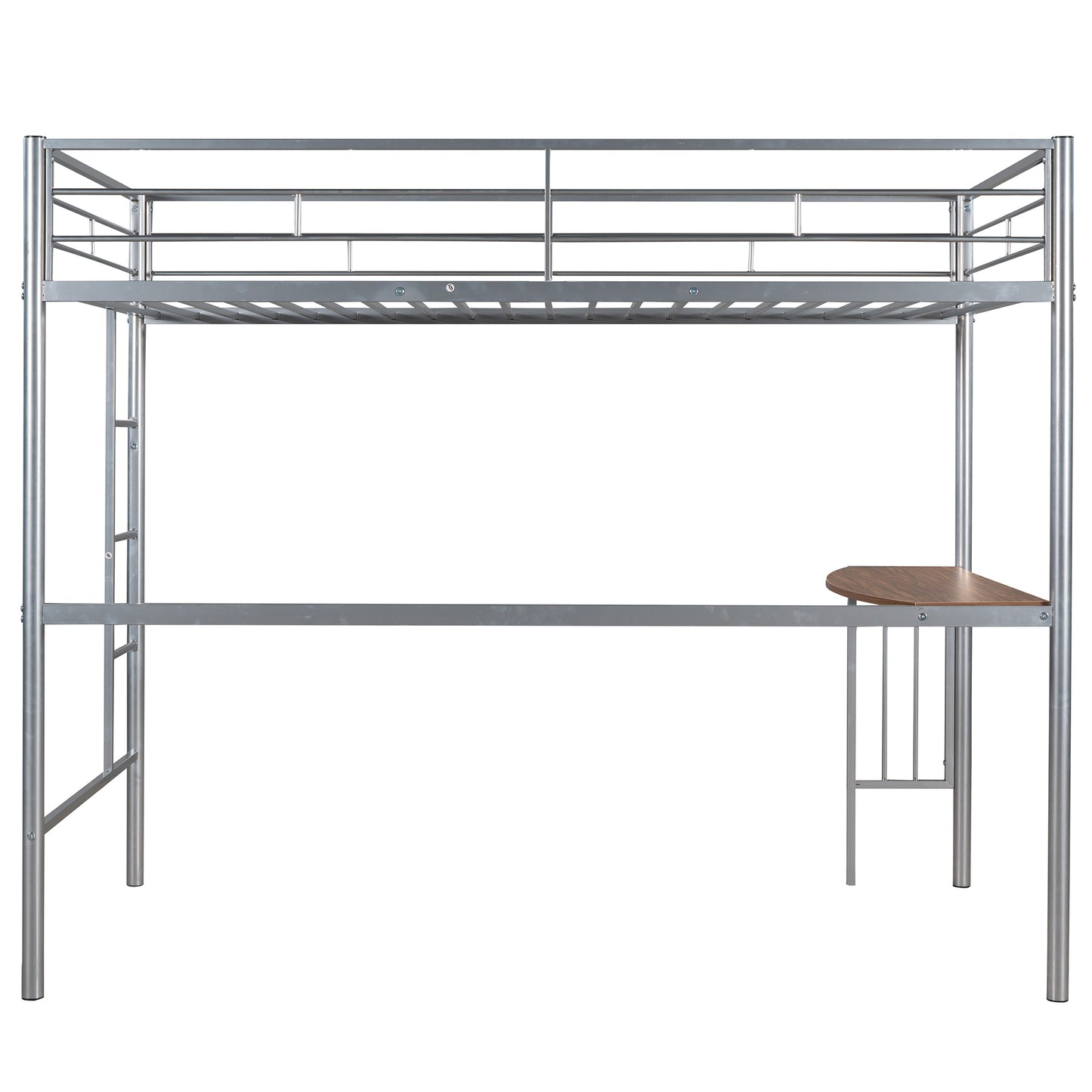 Silver Metal Twin Over Full Loft Bed with Integrated Desk and Ladder